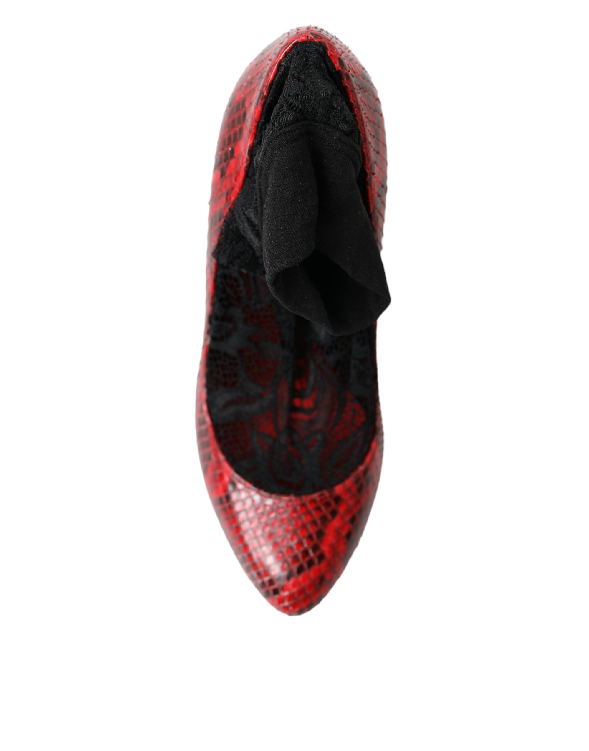 Dolce &amp; Gabbana Red Almond Toe Snakeskin Pumps with Lace Socks