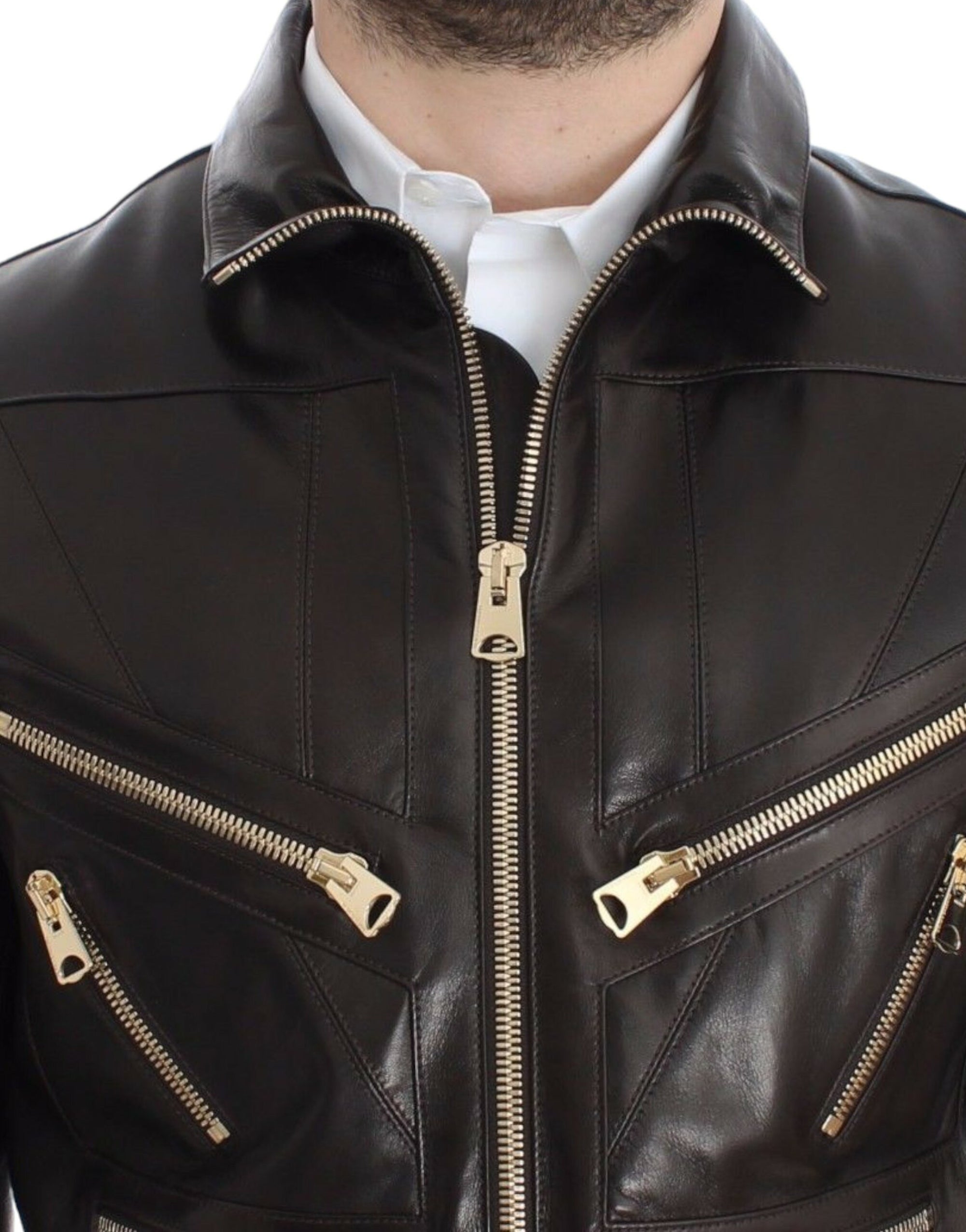 Dolce &amp; Gabbana Elegant Brown Gold-Detailed Leather Jacket