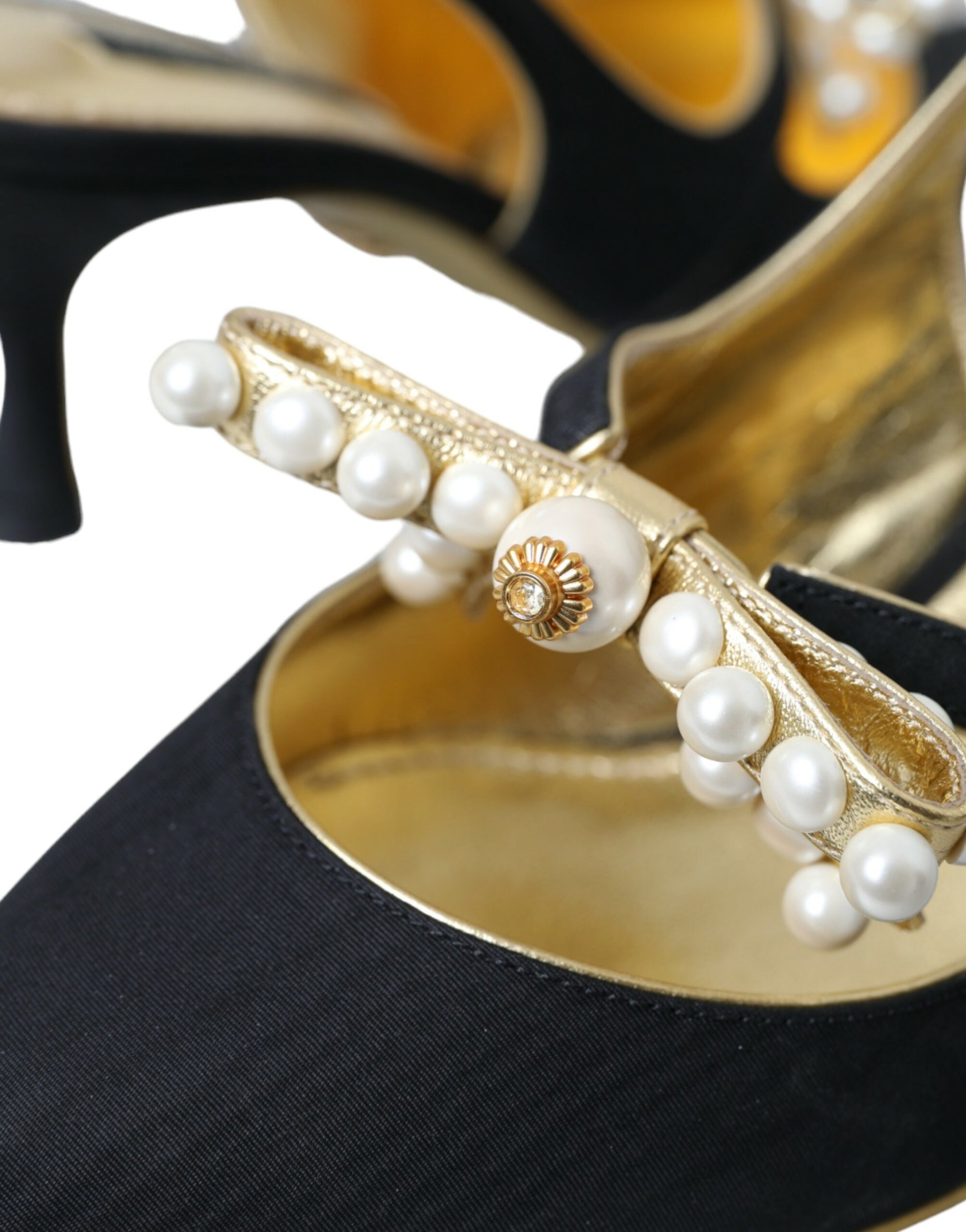 Dolce &amp; Gabbana Black Leather Faux Pearls Slingbacks Shoes