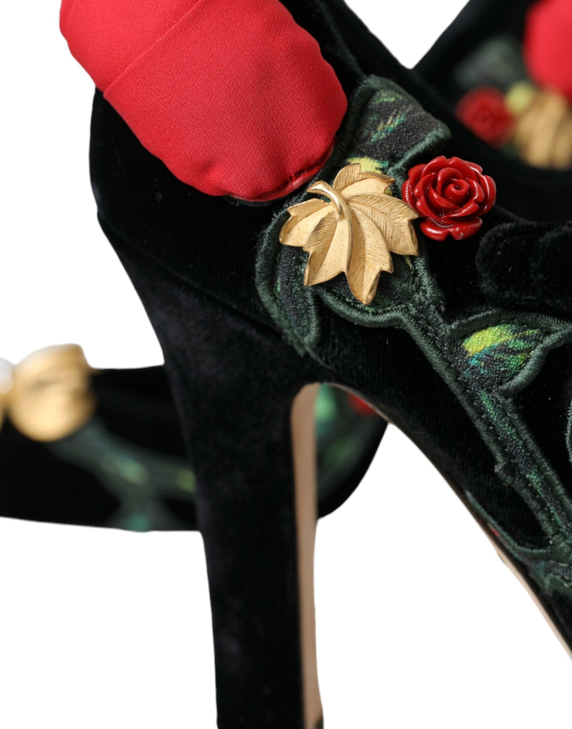 Dolce &amp; Gabbana Black Roses Crystal Brooch Mary Jane Shoes