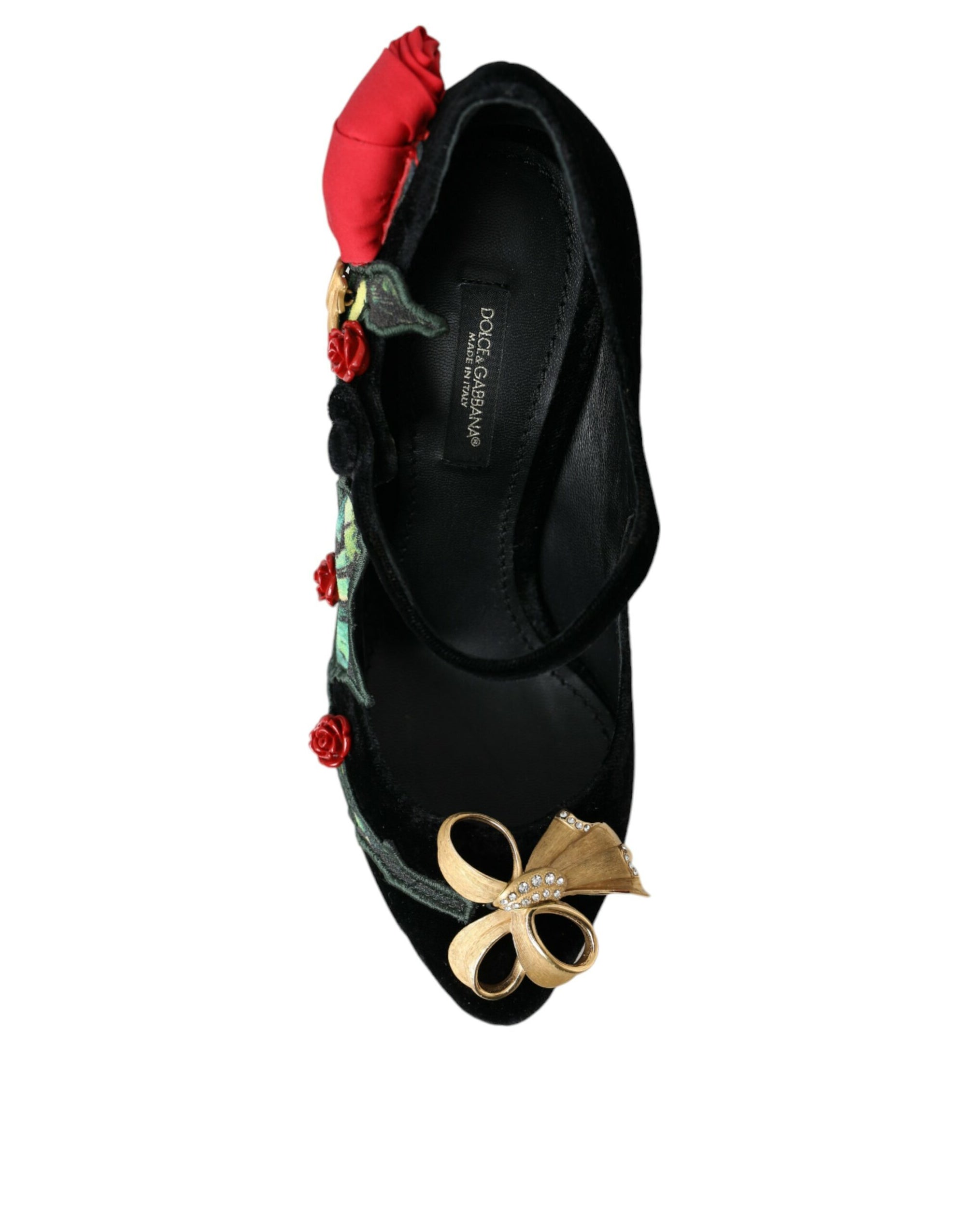 Dolce &amp; Gabbana Black Roses Crystal Brooch Mary Jane Shoes