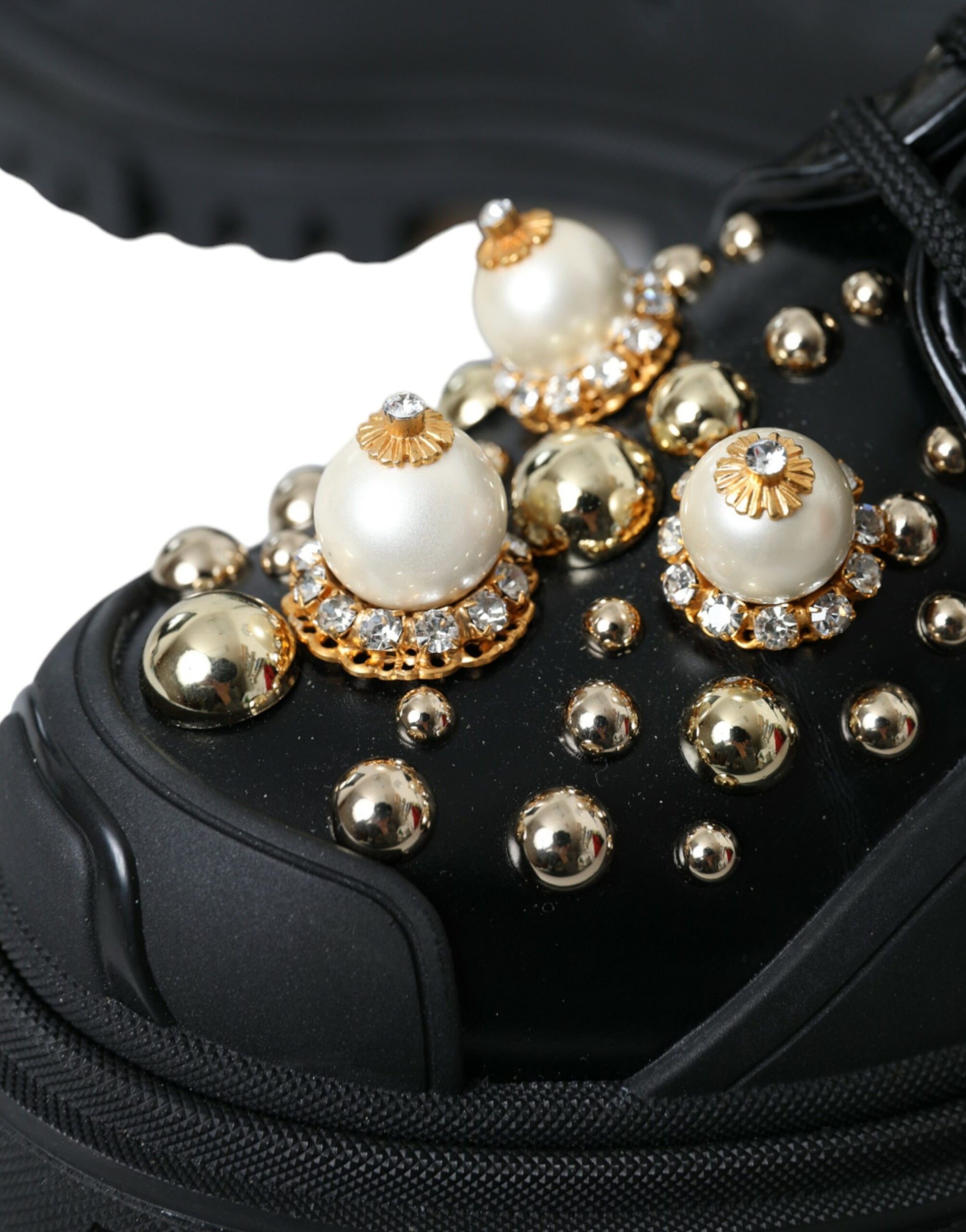 Dolce &amp; Gabbana Black Leather Trekking Derby Embellished Shoes