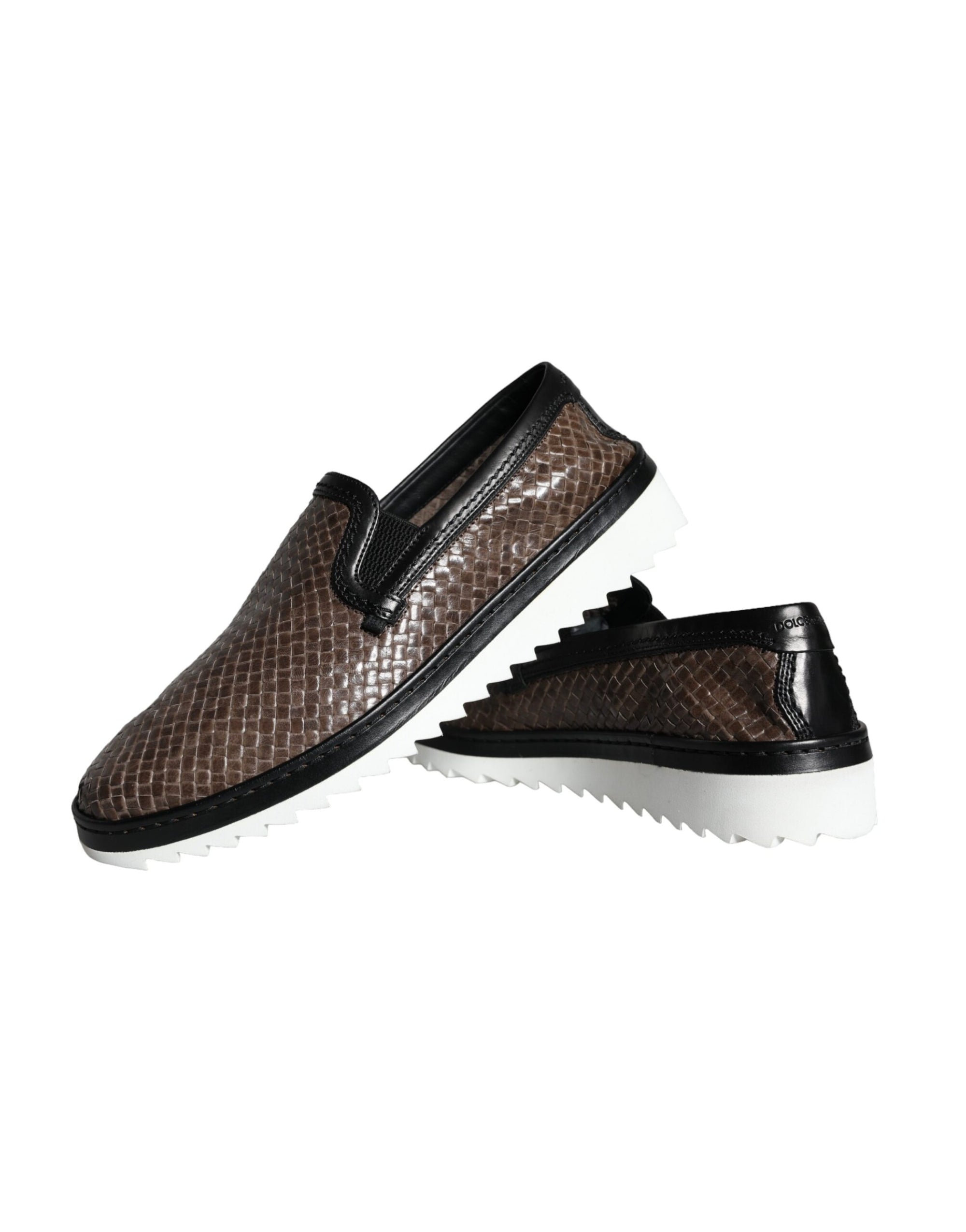 Dolce &amp; Gabbana Brown Black Leather Weaved Men Loafers Shoes