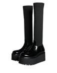 Dolce & Gabbana Black Leather Jersey Knee High Boots Shoes