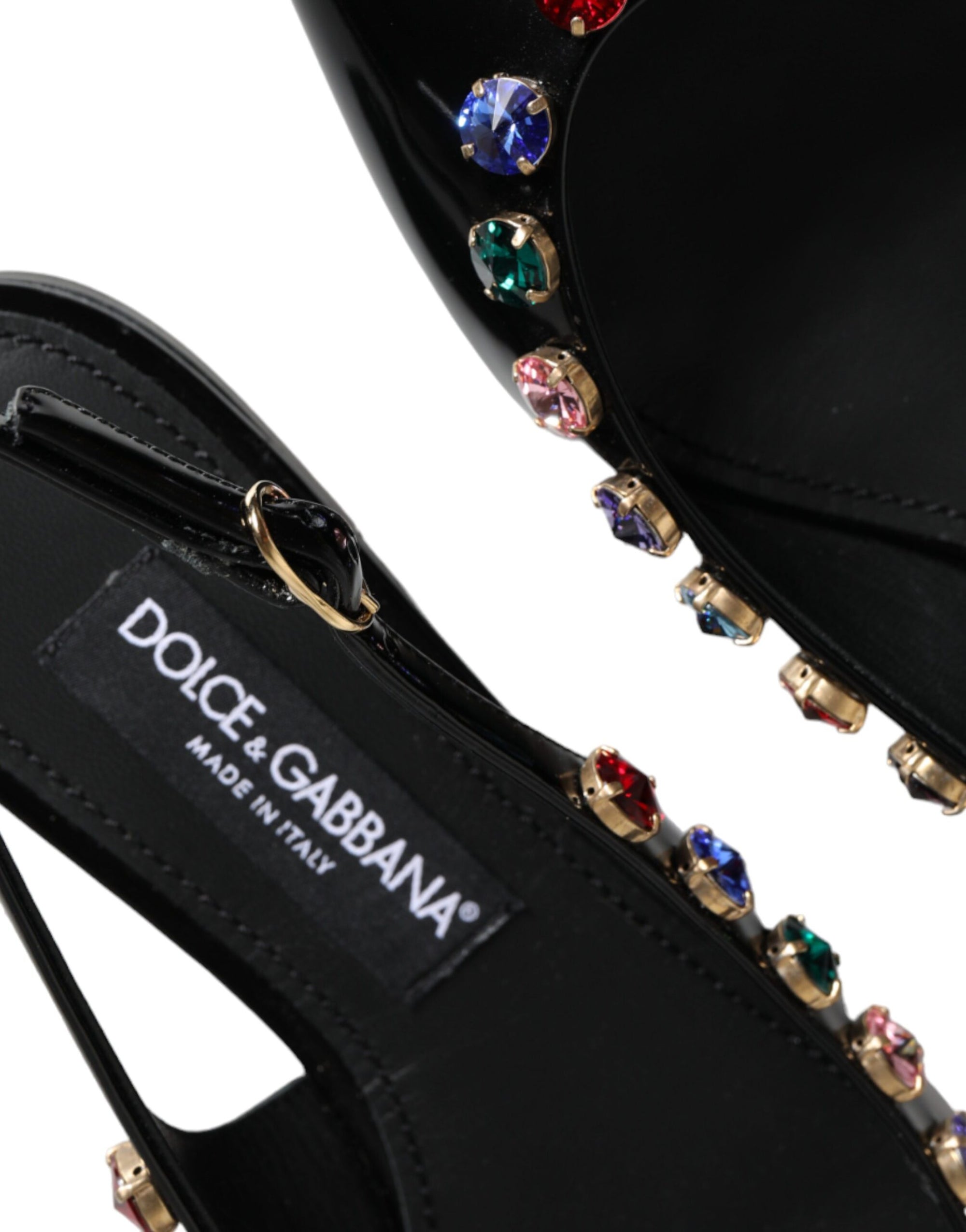 Dolce &amp; Gabbana Black Leather Crystal Flats Slingback Shoes
