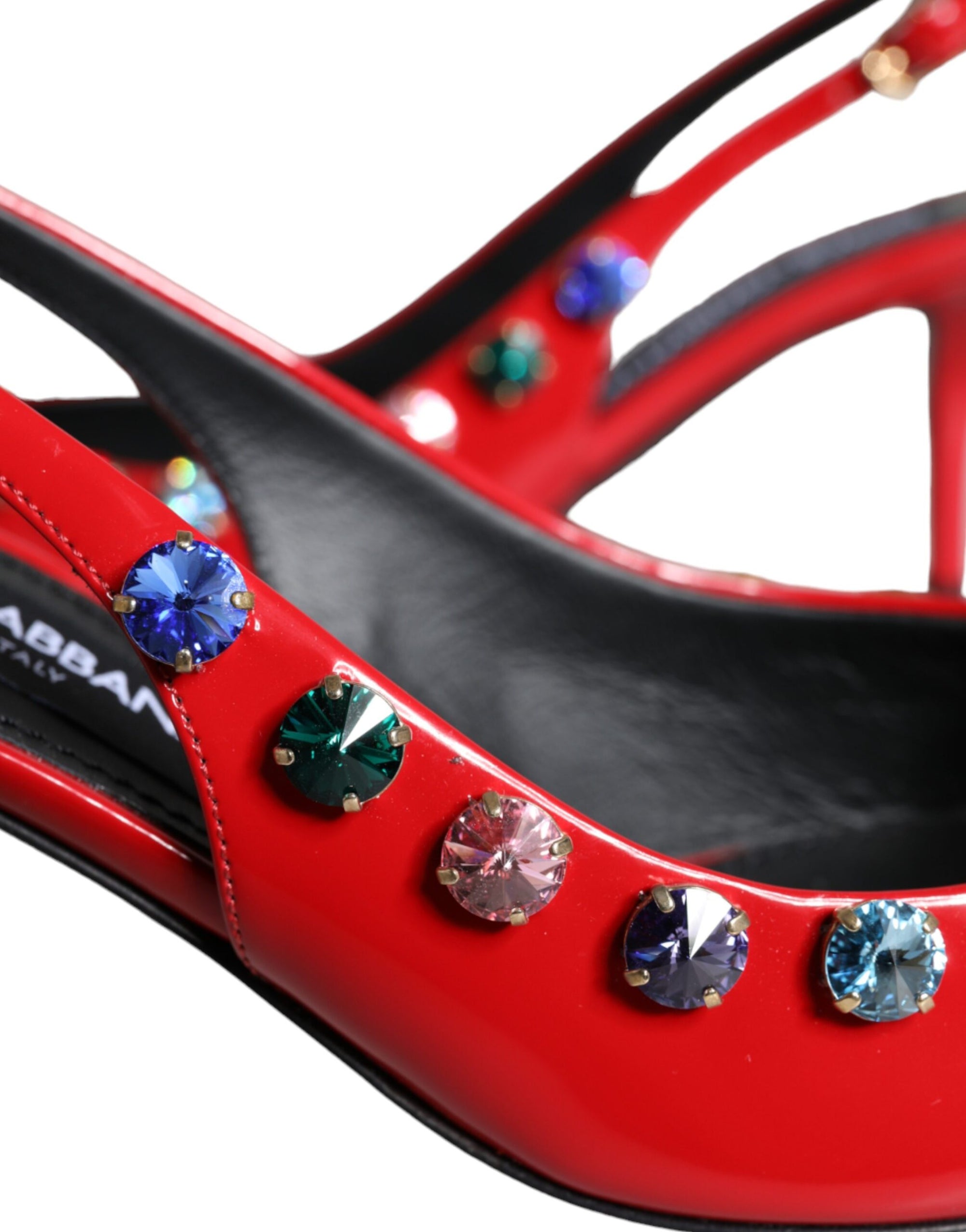 Dolce &amp; Gabbana Red Leather Crystal Heels Slingback Shoes