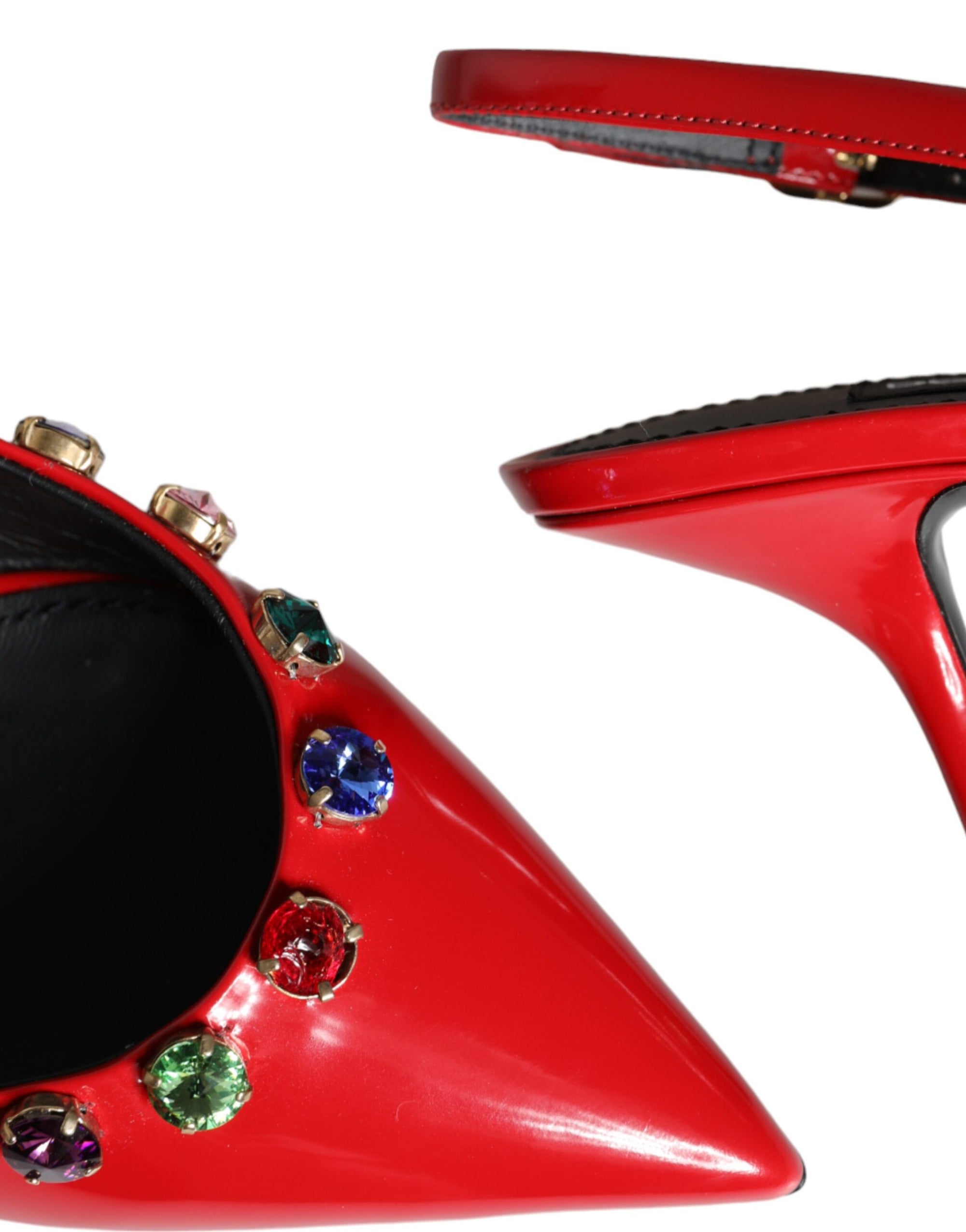 Dolce &amp; Gabbana Red Leather Crystal Heels Slingback Shoes