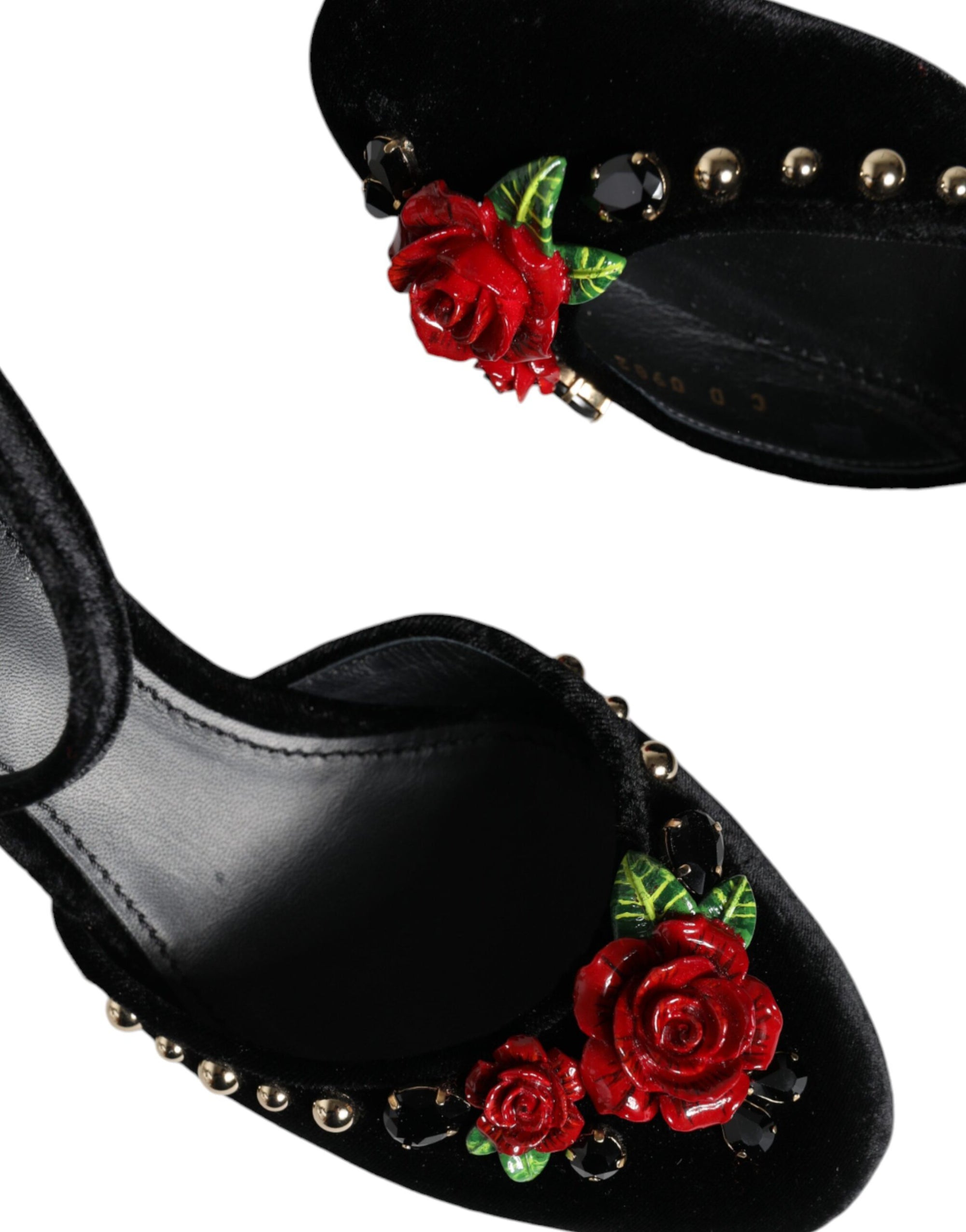 Dolce &amp; Gabbana Black Velvet Roses Ankle Strap Pumps Shoes