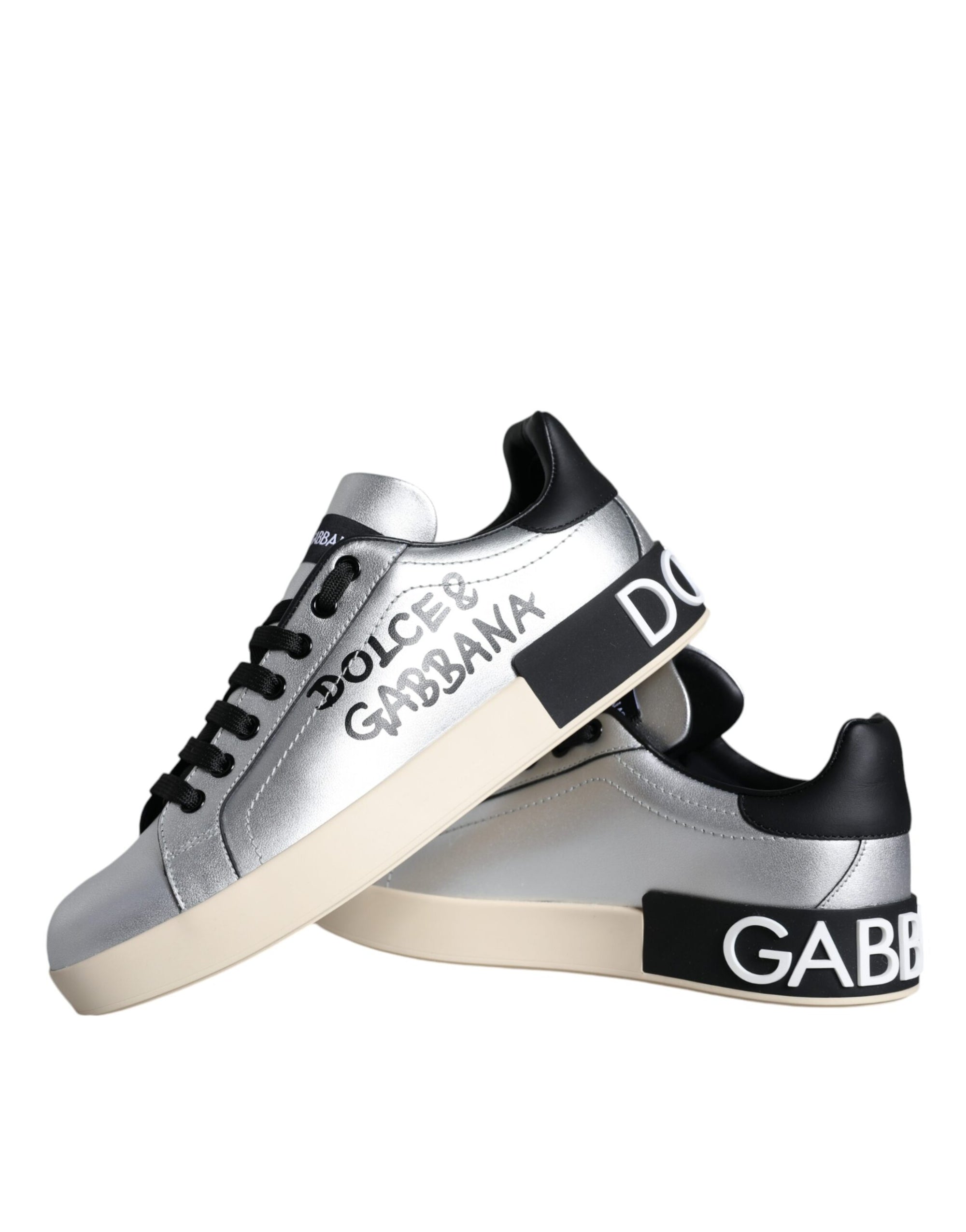Dolce &amp; Gabbana Silver Portofino Calf Leather Sneakers Shoes