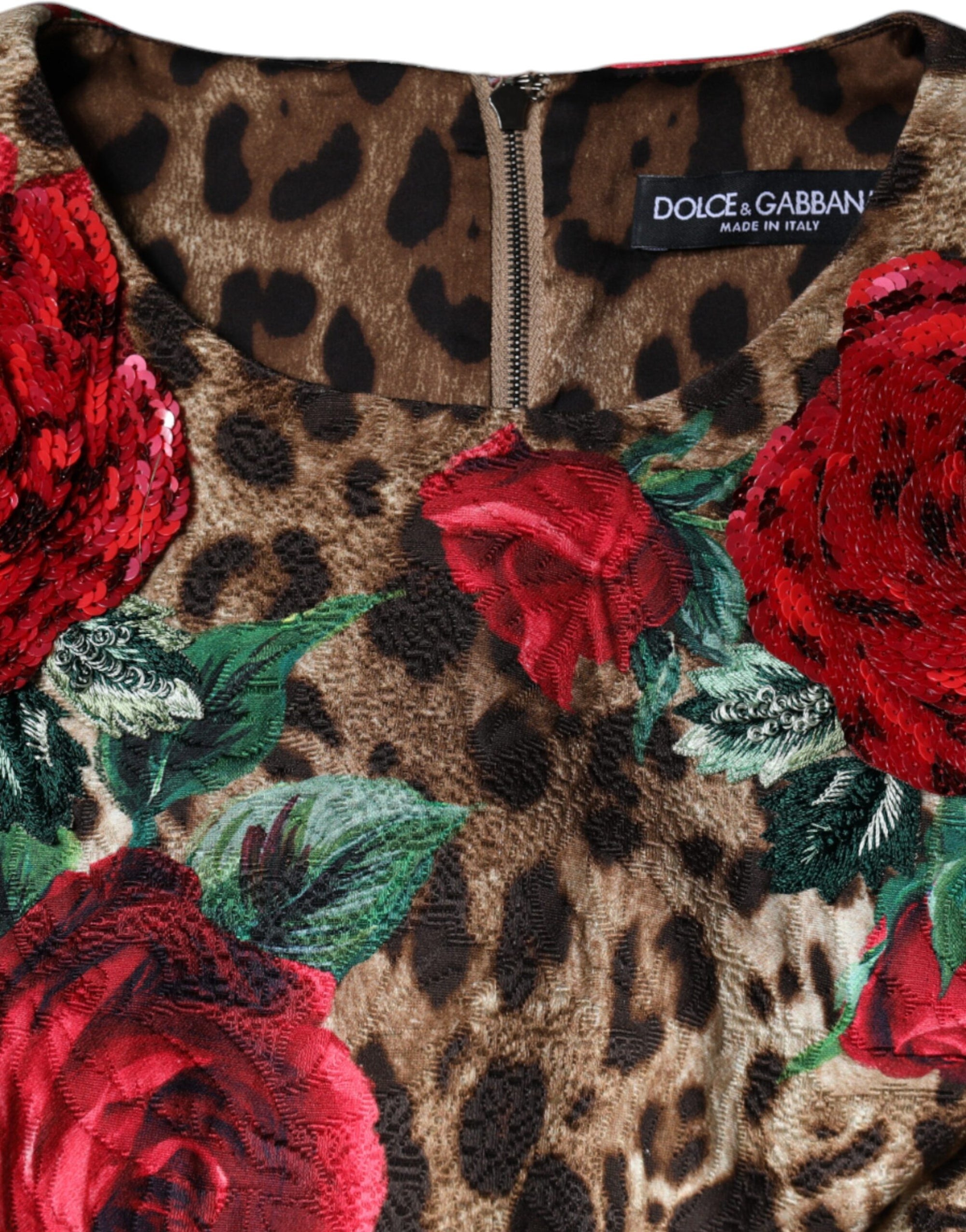 Dolce &amp; Gabbana Brown Leopard Red Roses Cotton A-line Dress