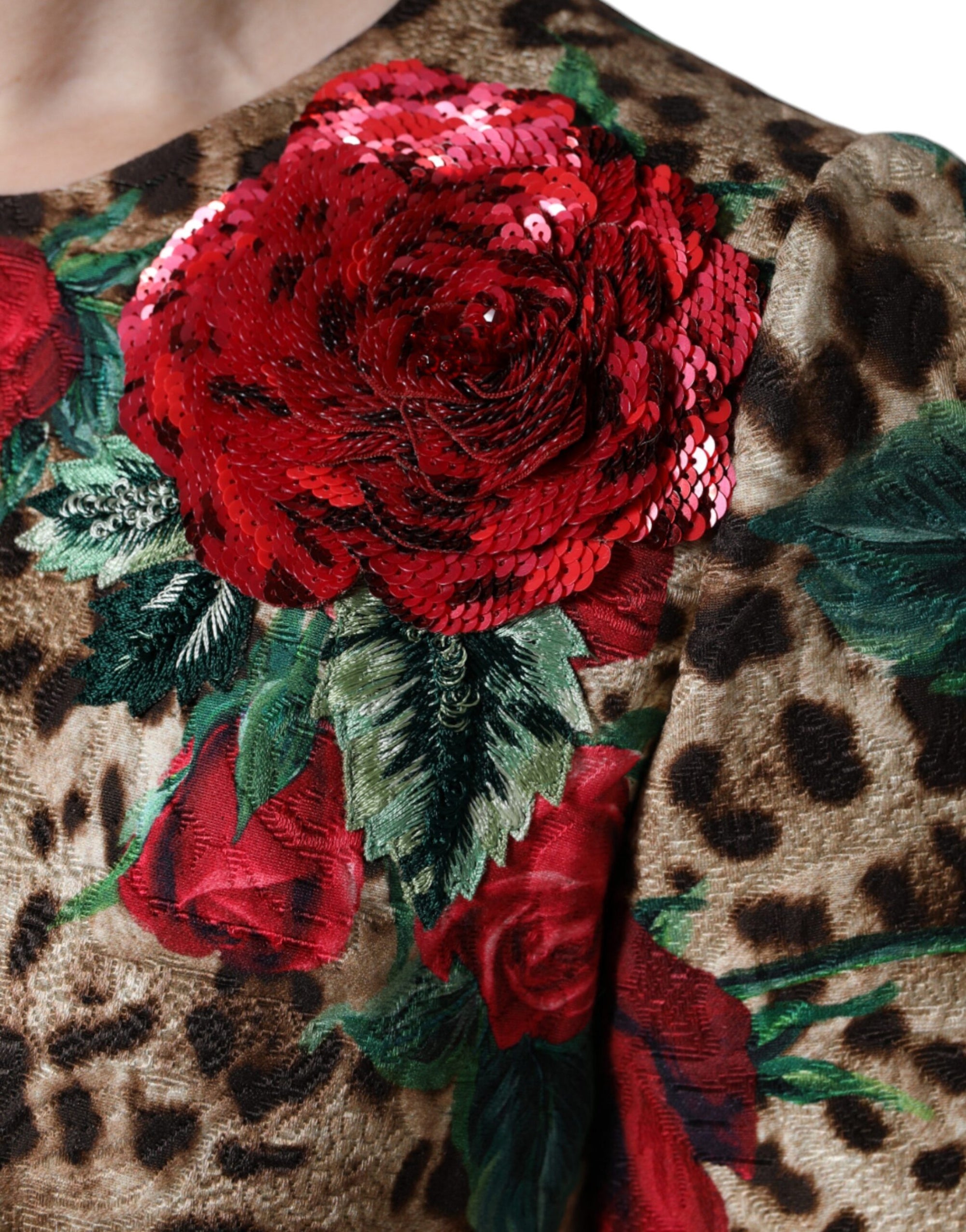 Dolce &amp; Gabbana Brown Leopard Red Roses Cotton A-line Dress