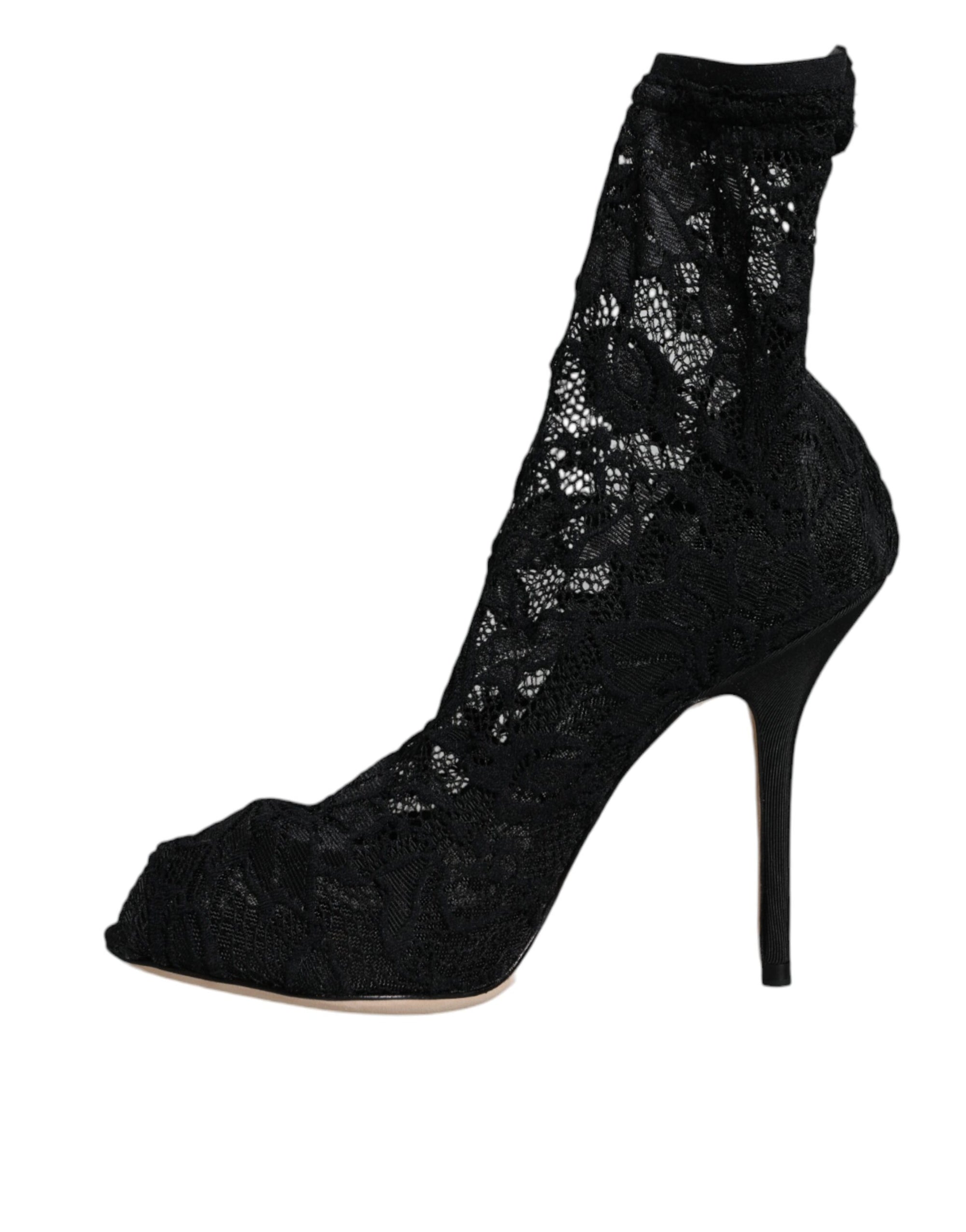 Dolce &amp; Gabbana Black Lace Stretch Heels Mid Calf Boot Shoes