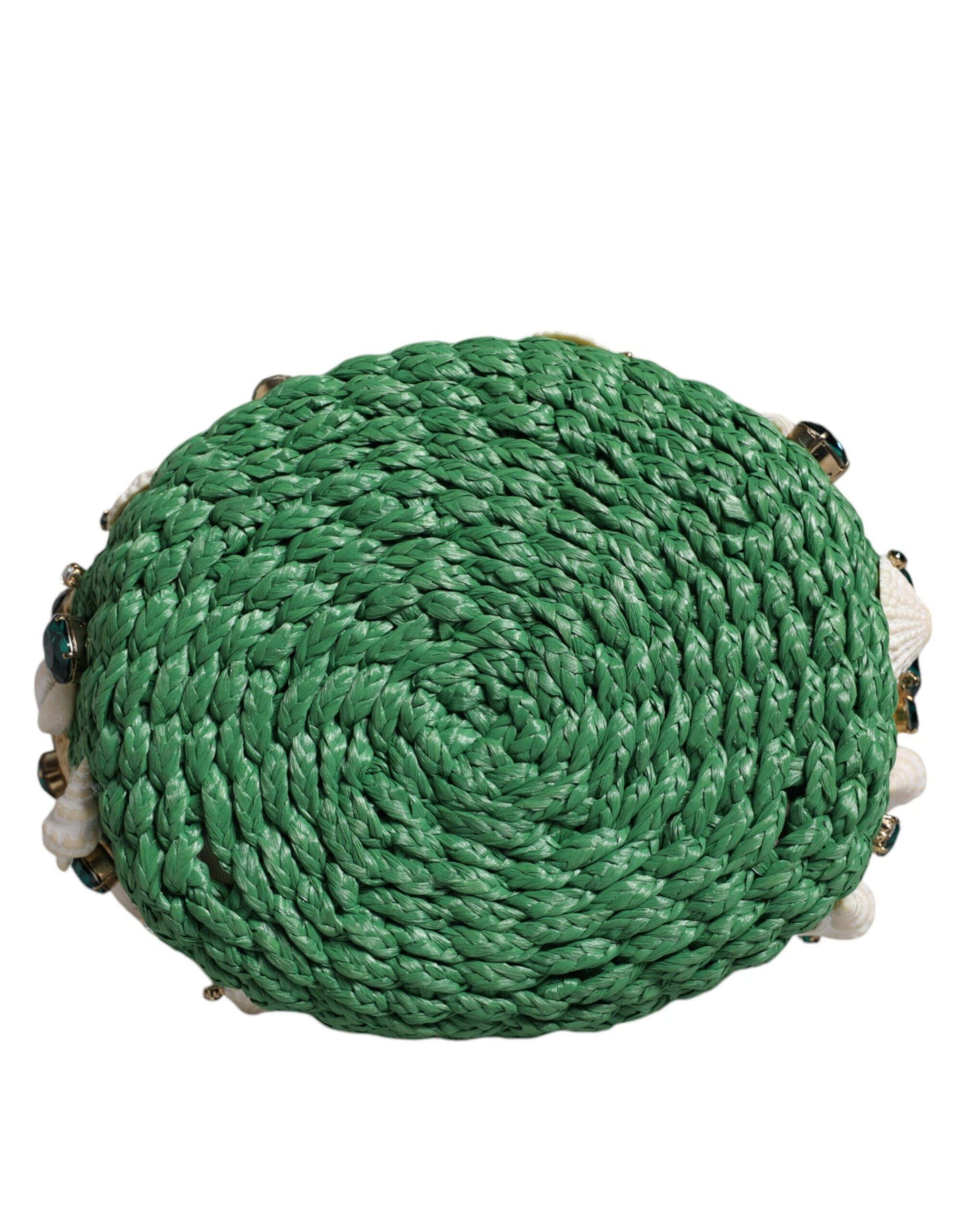 Dolce &amp; Gabbana Beige Green Rafia Seashells Crystal Bucket Bag