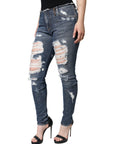 Dolce & Gabbana Blue Cotton Stretch Tattered Skinny Jeans