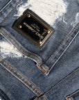 Dolce & Gabbana Blue Cotton Stretch Tattered Skinny Jeans