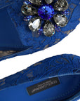 Dolce & Gabbana Blue Lace Crystal Ballet Flats Loafers Shoes