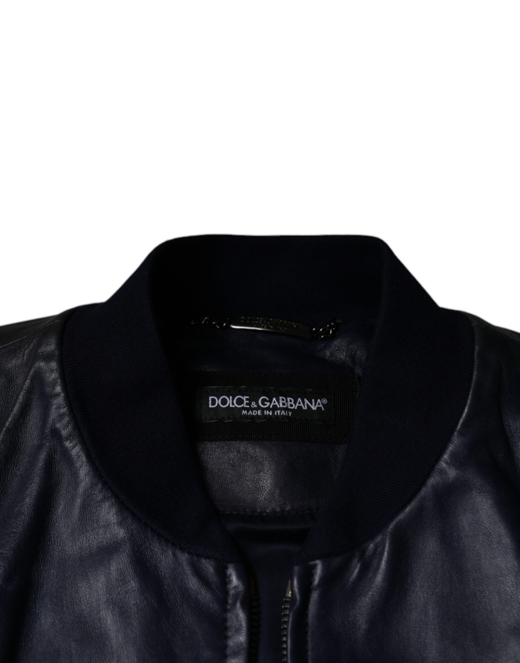 Dolce &amp; Gabbana Blue Lambskin Leather Full Zip Biker Jacket