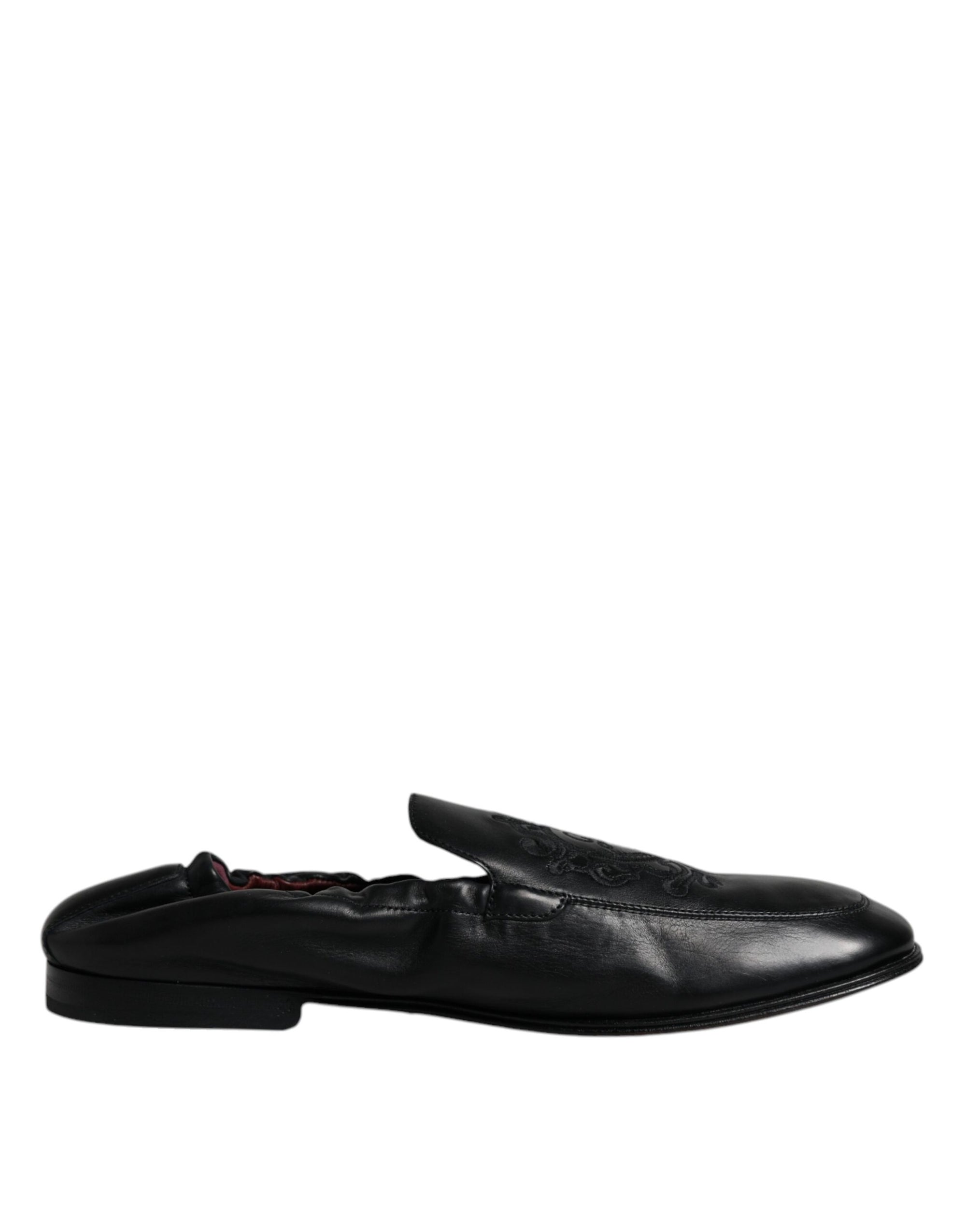 Dolce &amp; Gabbana Black Logo Embroidered Leather Loafer Men Dress Shoes