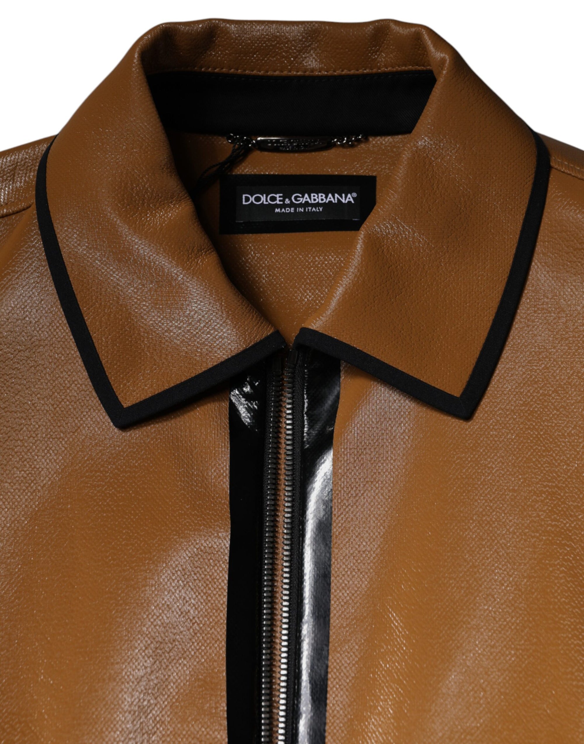 Dolce &amp; Gabbana Brown Leather Full Zip Men Bomber Jacket