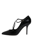 Dolce & Gabbana Black Leather T-strap Stiletto Heels Shoes
