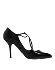 Dolce & Gabbana Black Leather T-strap Stiletto Heels Shoes