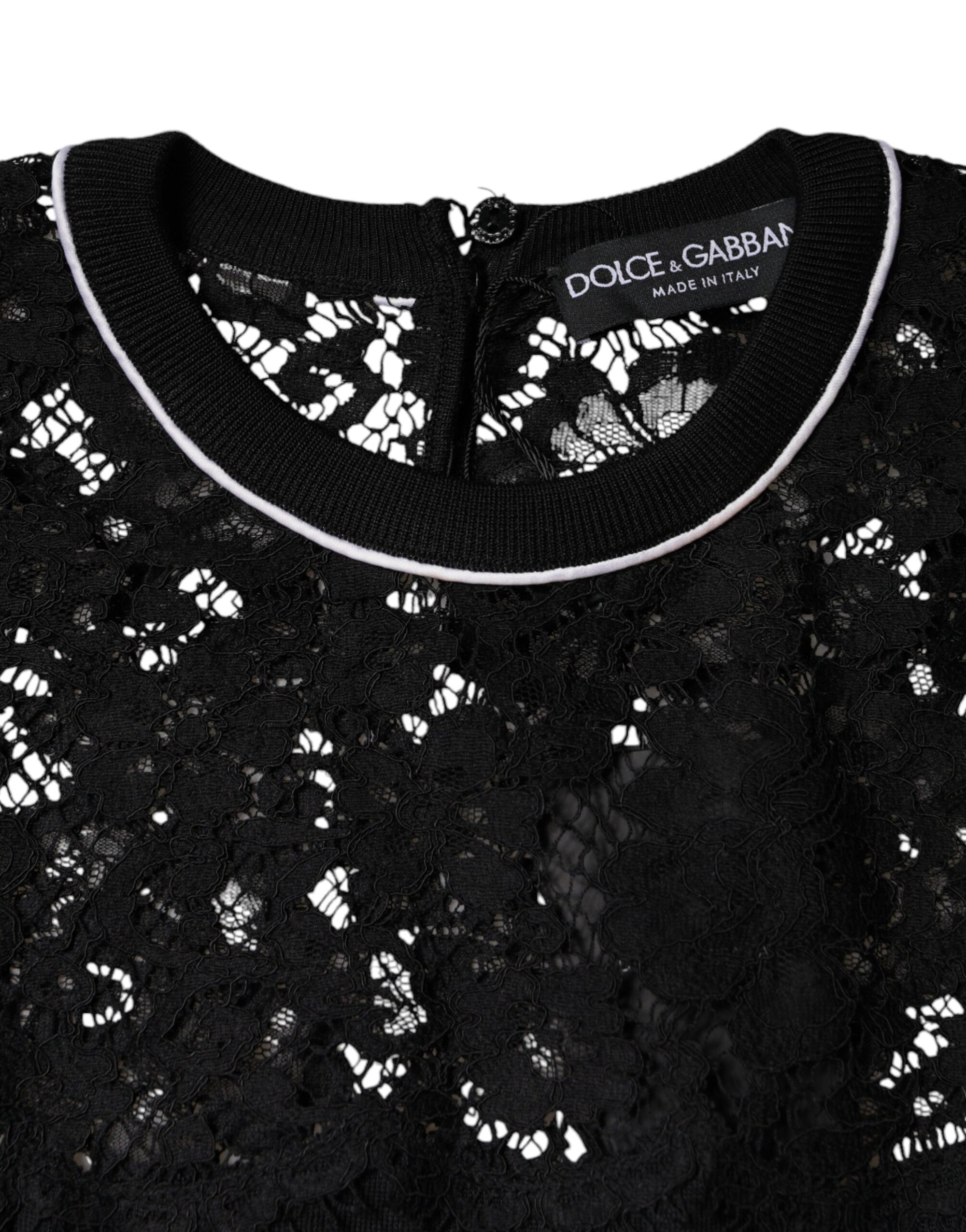 Dolce &amp; Gabbana Black Floral Lace Silk Pullover Blouse Top