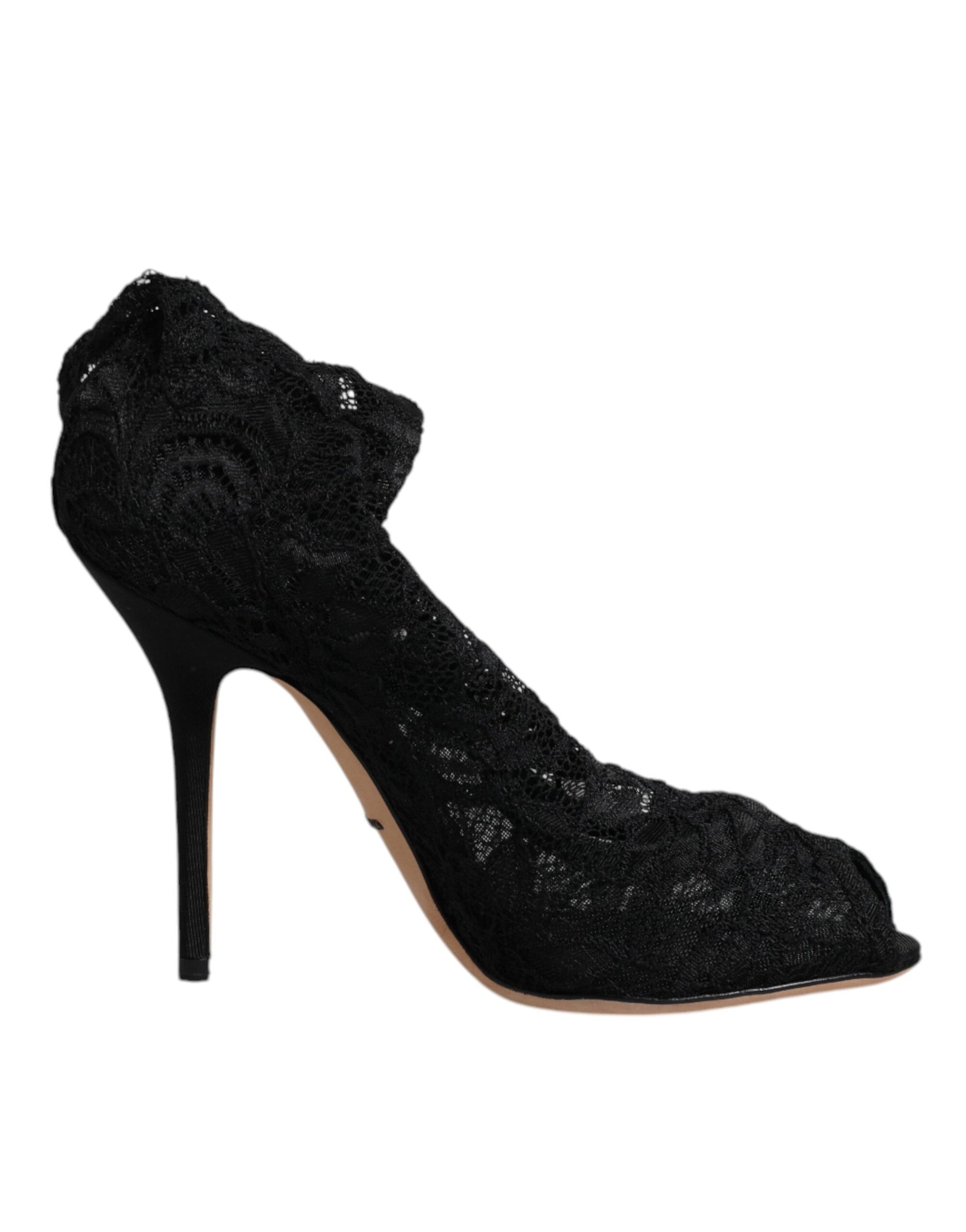 Dolce &amp; Gabbana Black Lace Stretch Heels Mid Calf Boots Shoes