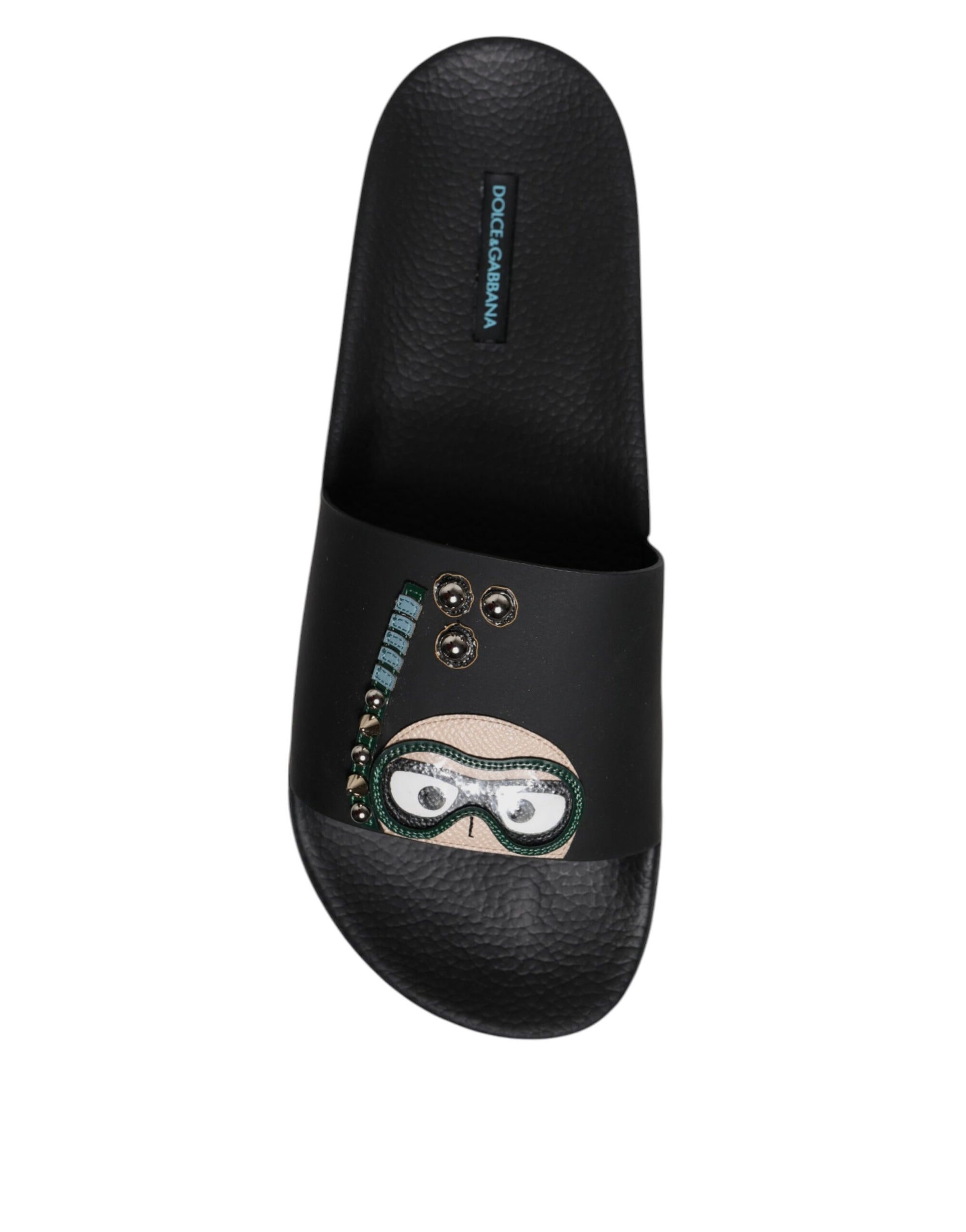 Dolce &amp; Gabbana Black Divers Leather Flats Slides Sandals Beachwear Shoes