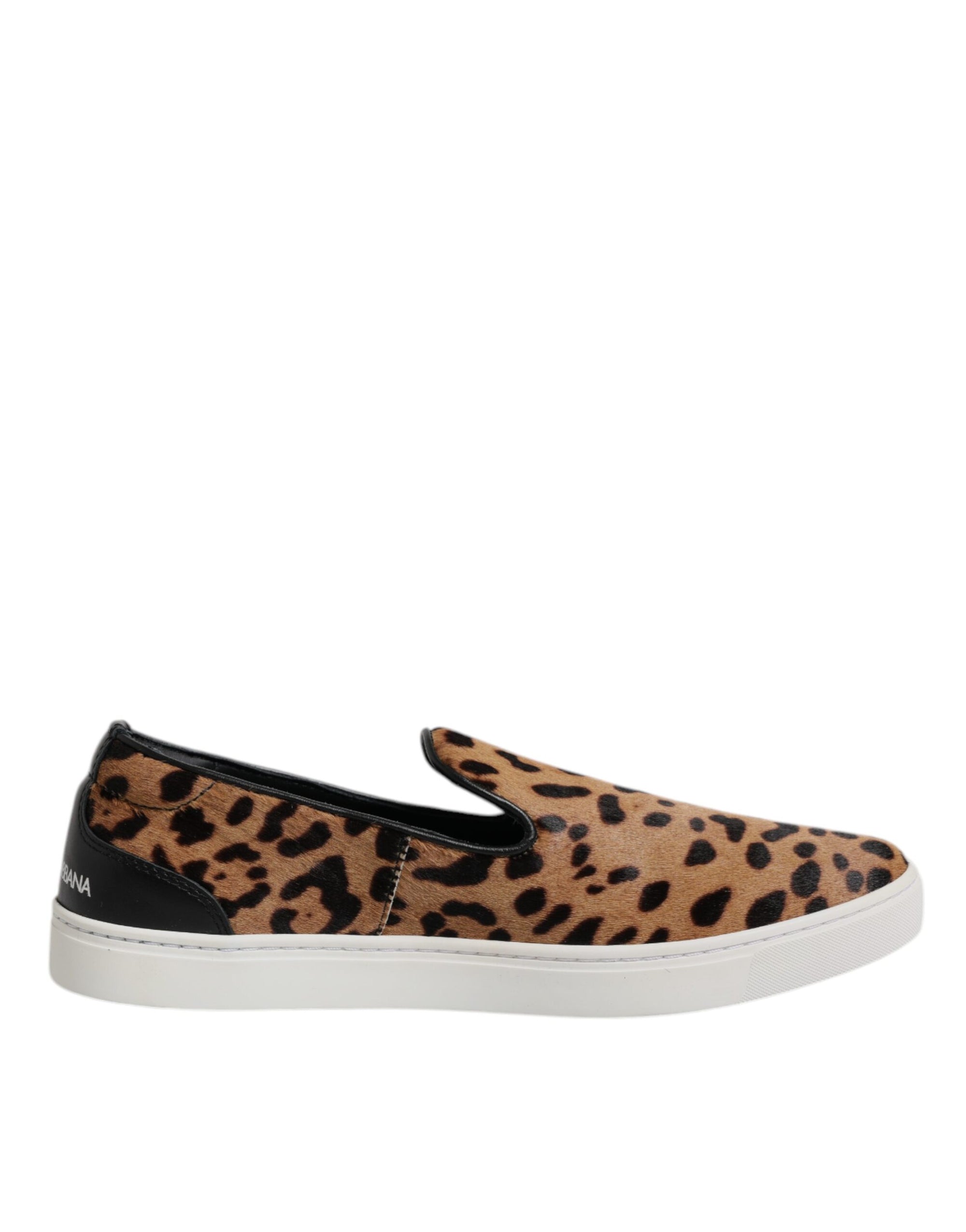 Dolce &amp; Gabbana Brown Calfskin Fur Leopard Sneakers Shoes