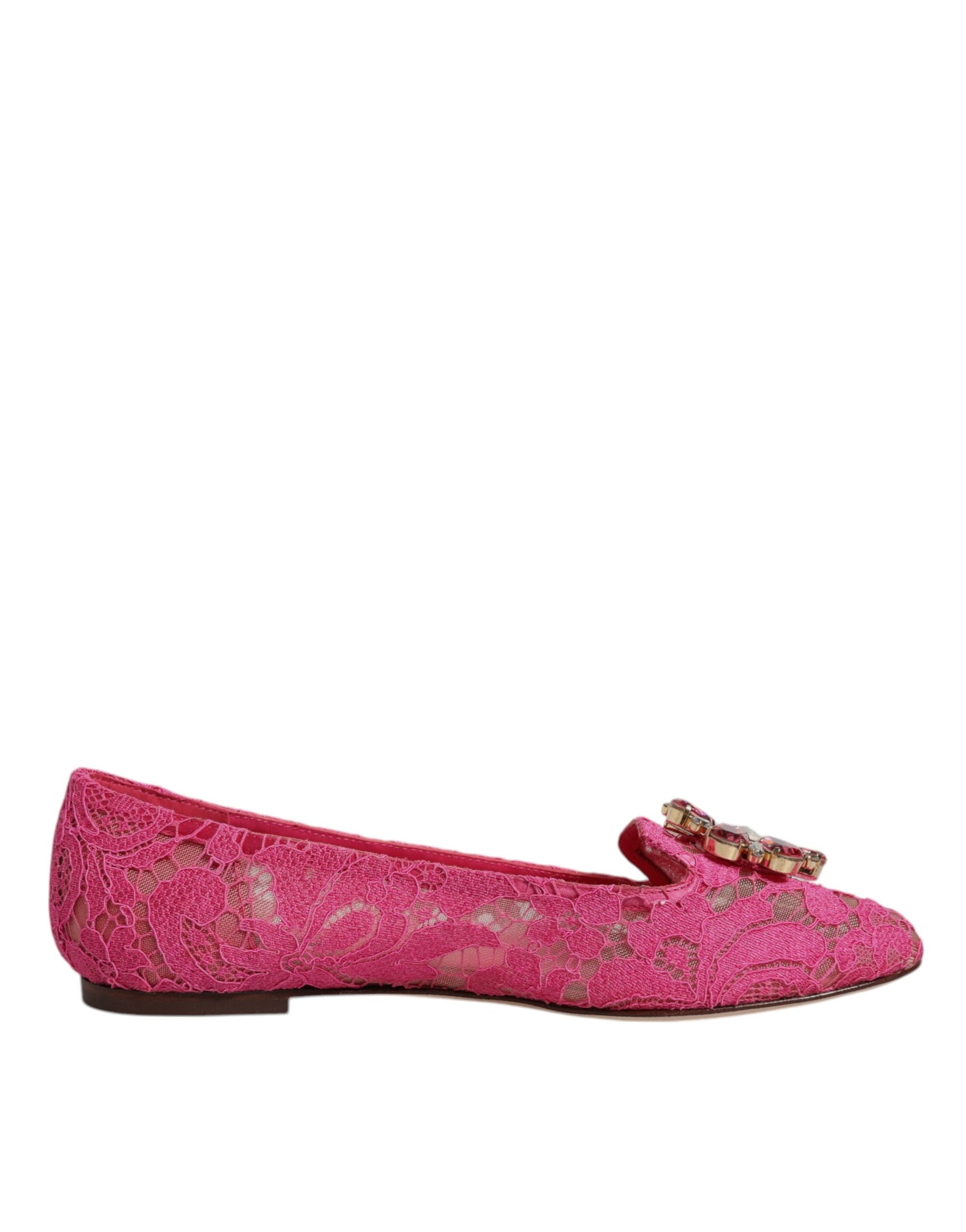 Dolce &amp; Gabbana Fuchsia Crystal Loafer Lace Ballet Flats Shoes
