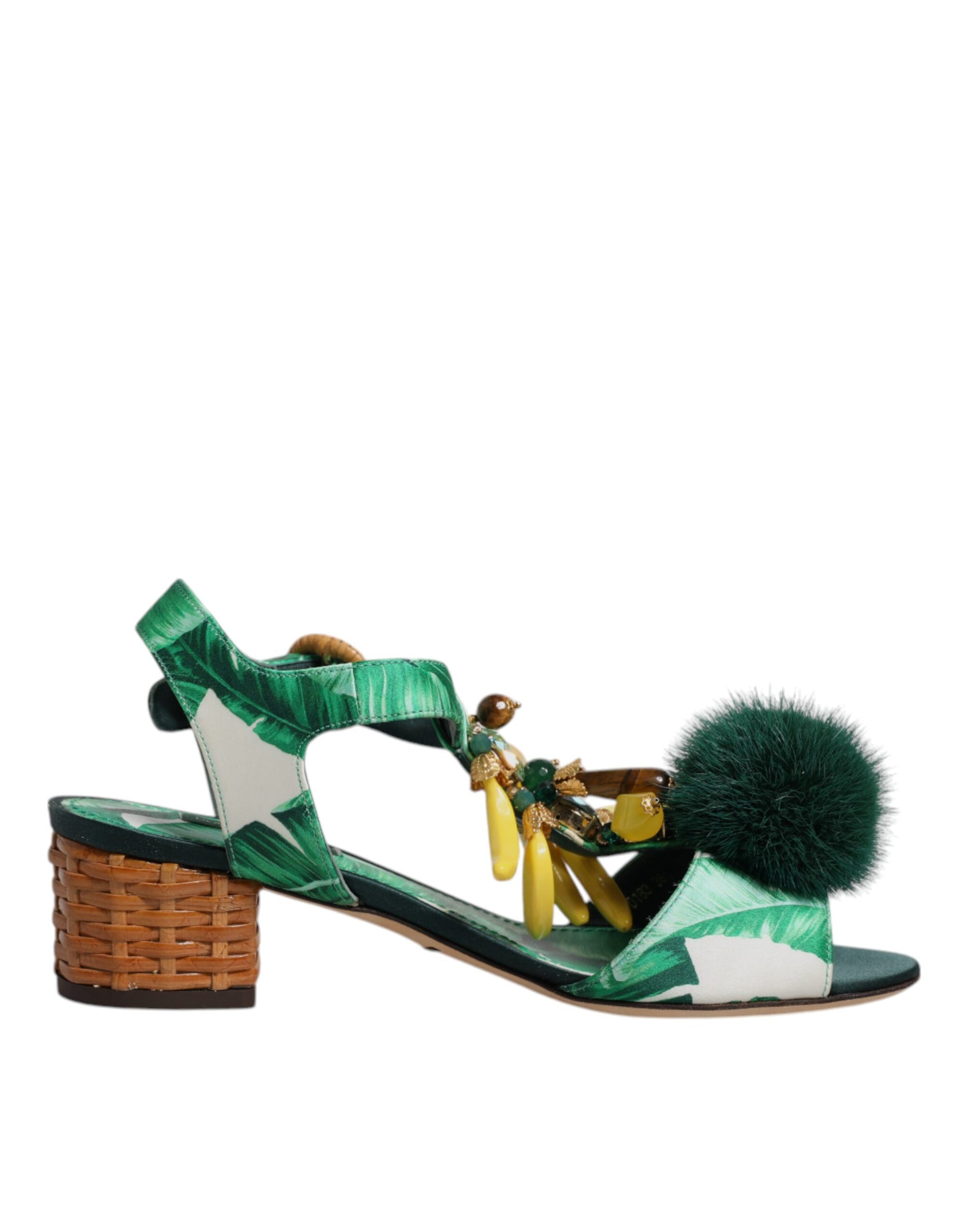 Dolce &amp; Gabbana Green Crystal Fur Embellished Sandals Shoes