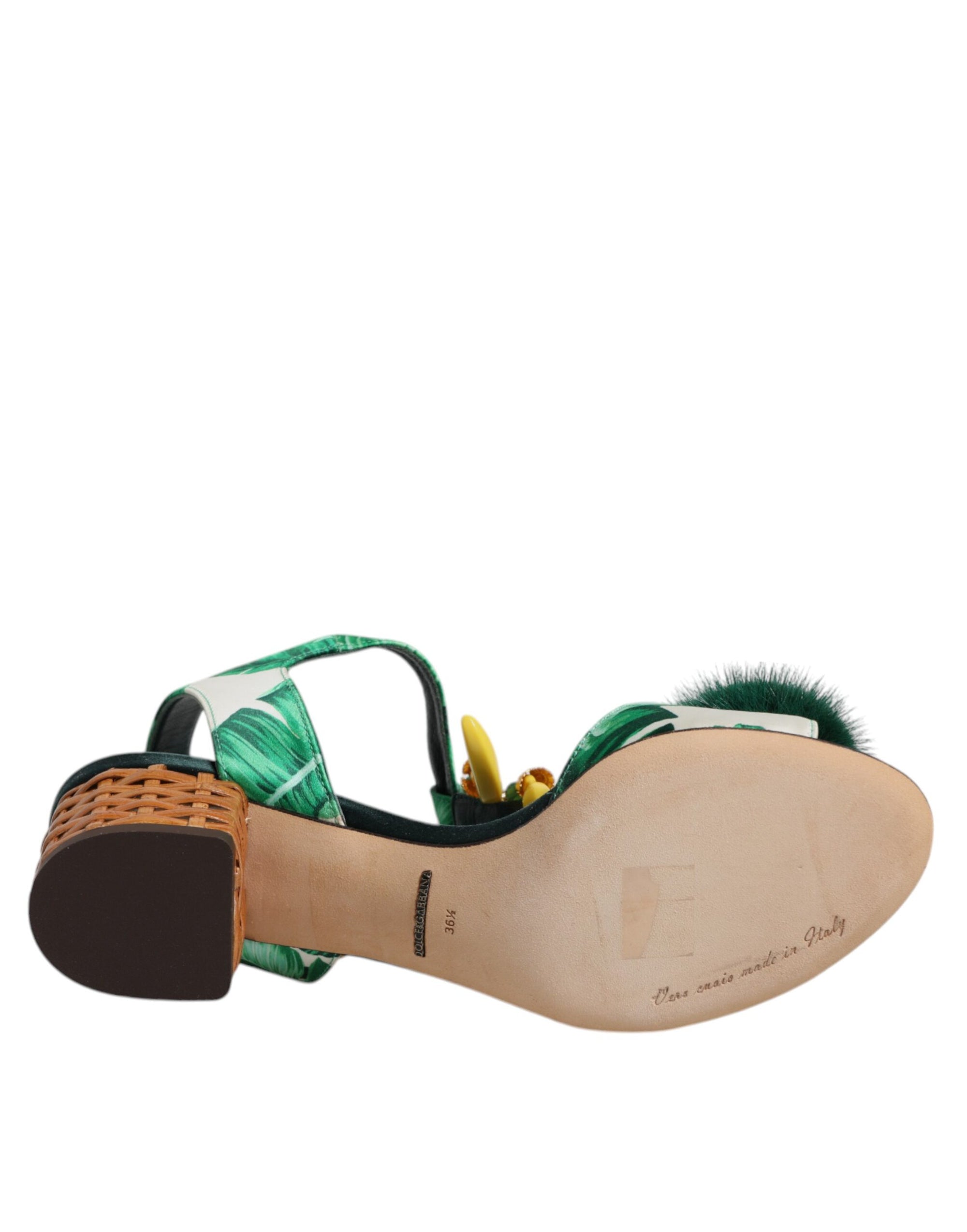 Dolce &amp; Gabbana Green Crystal Fur Embellished Sandals Shoes