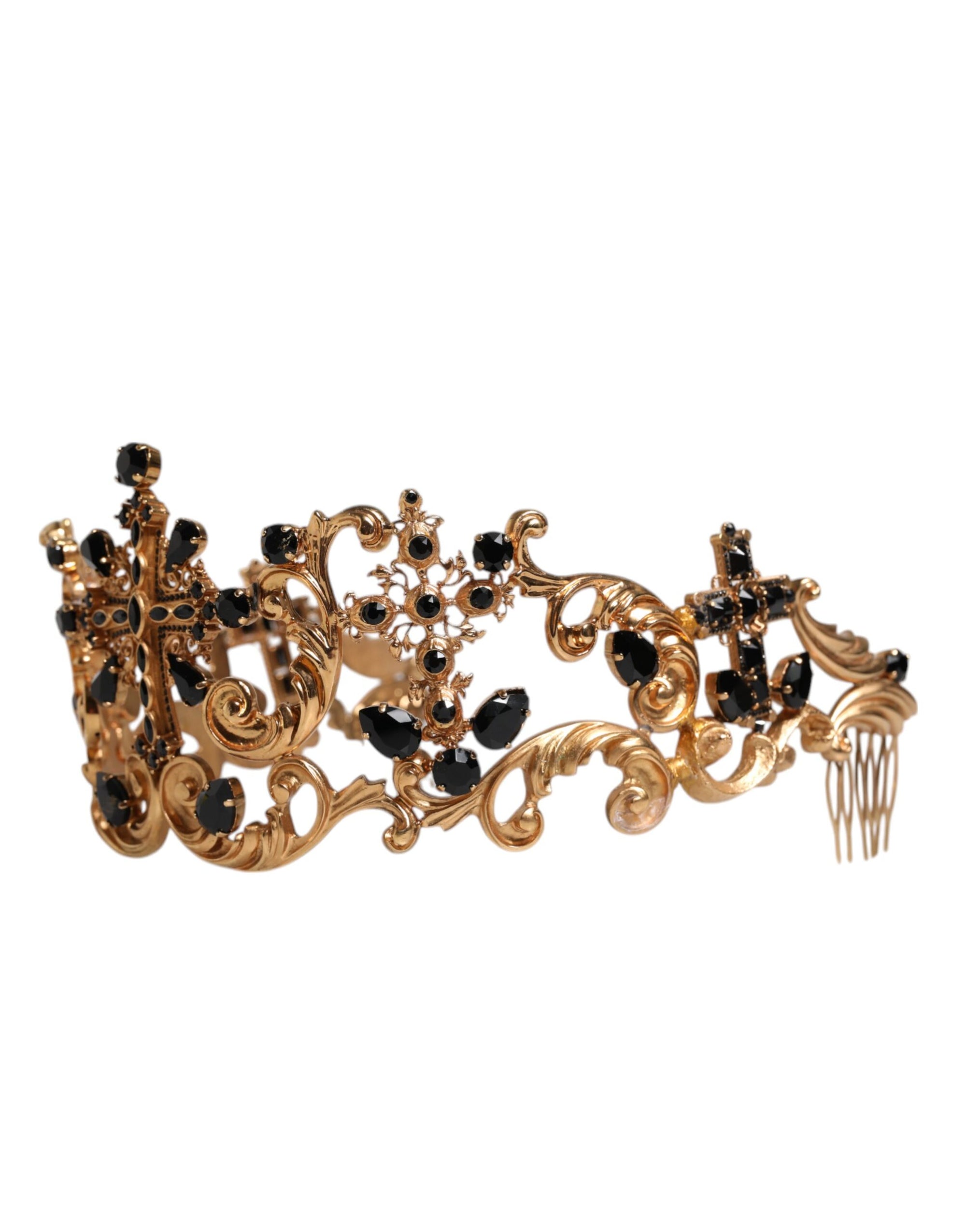 Dolce &amp; Gabbana Gold Tone Brass Cross Crystal Embellished Crown Tiara