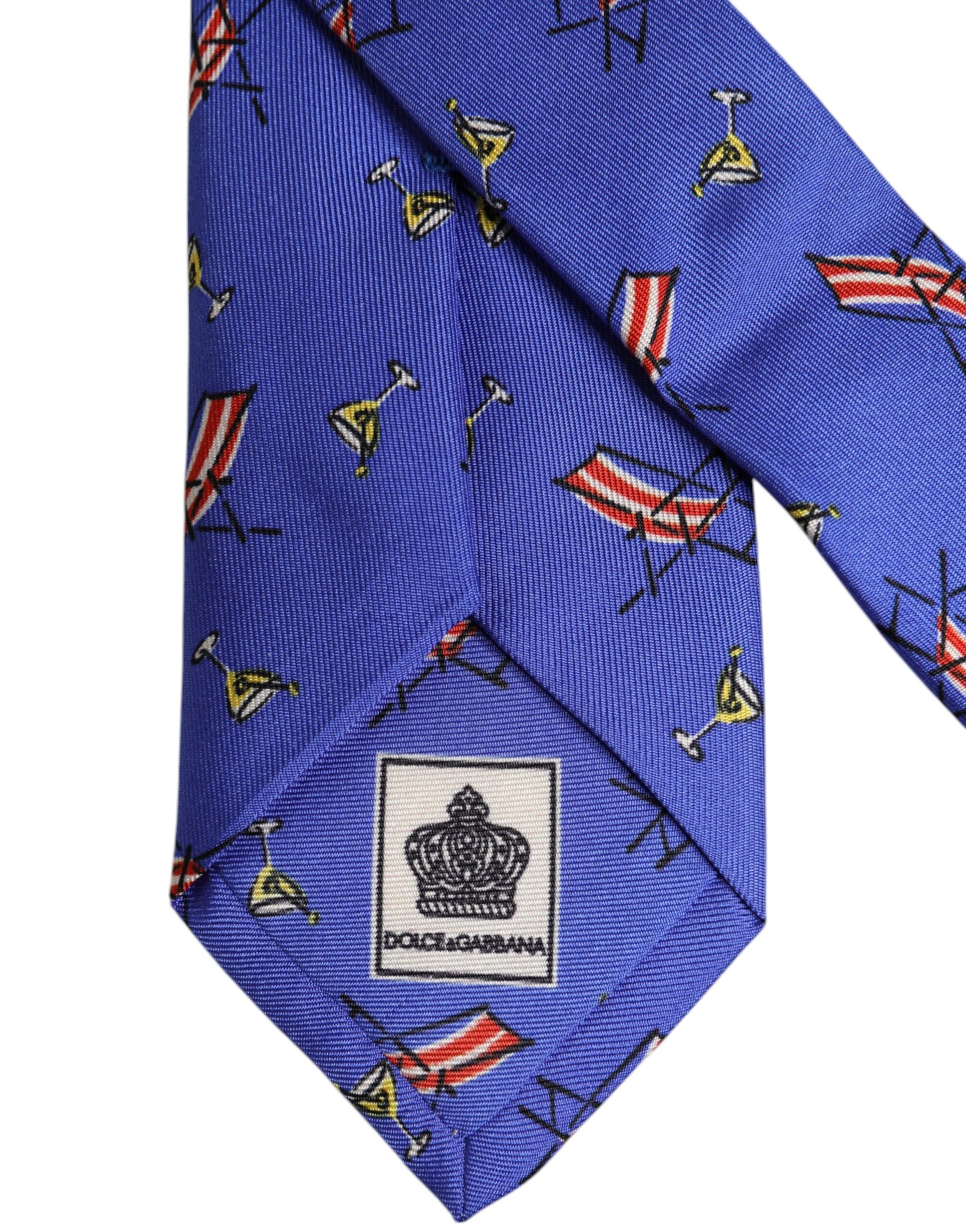 Dolce &amp; Gabbana Blue Cocktail Print Silk Adjustable Necktie Tie