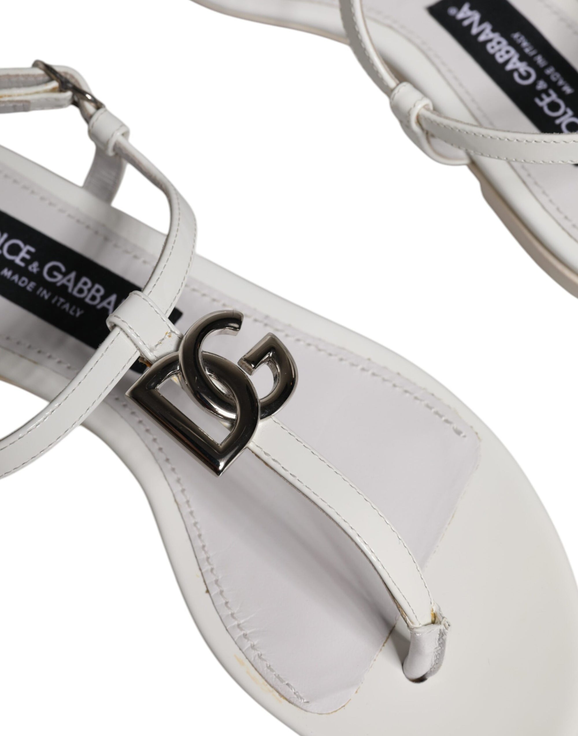 Dolce &amp; Gabbana White Leather Logo Ankle Strap Sandals Shoes