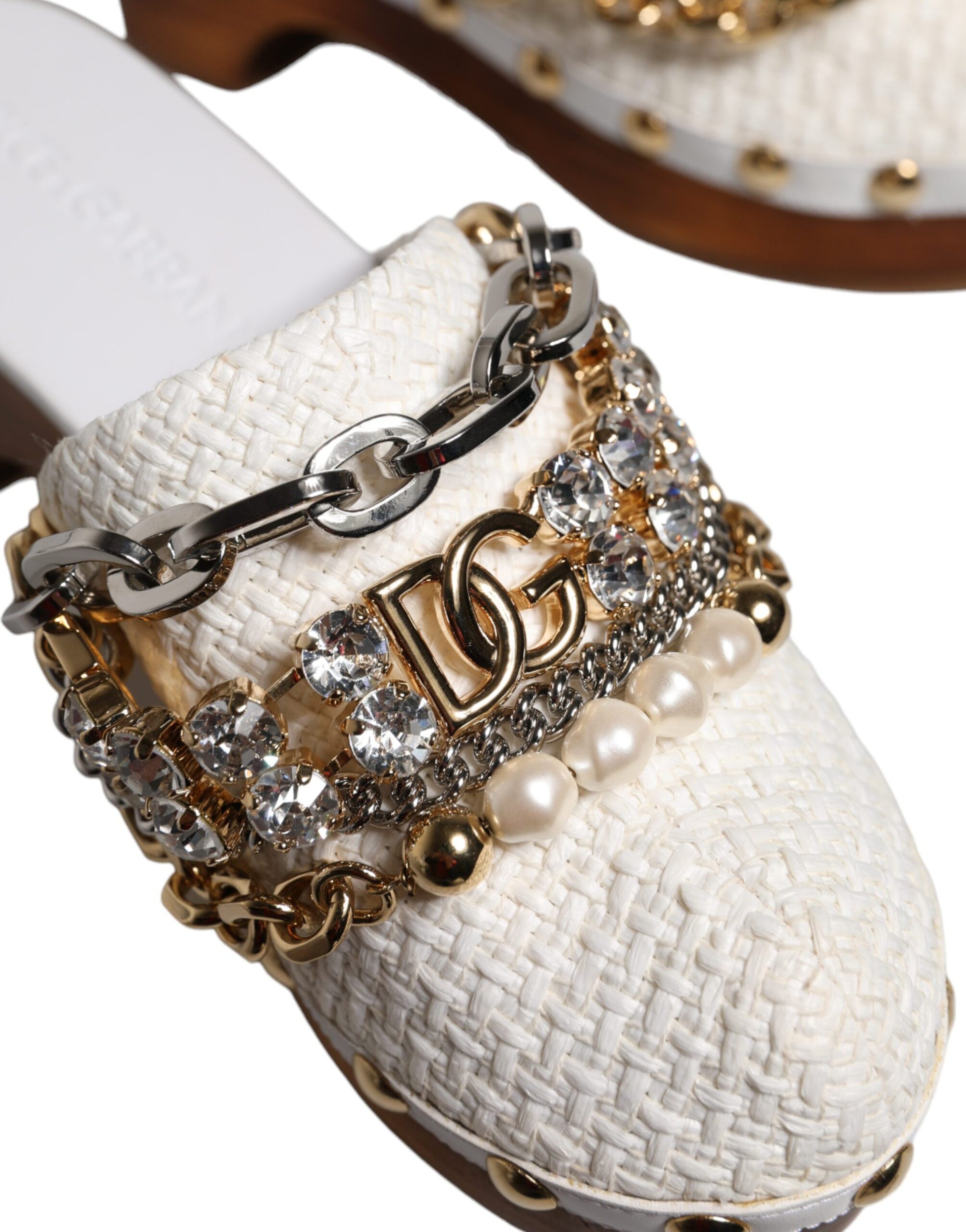 Dolce &amp; Gabbana White Raffia Clogs Bejeweled Chain Sandals Shoes