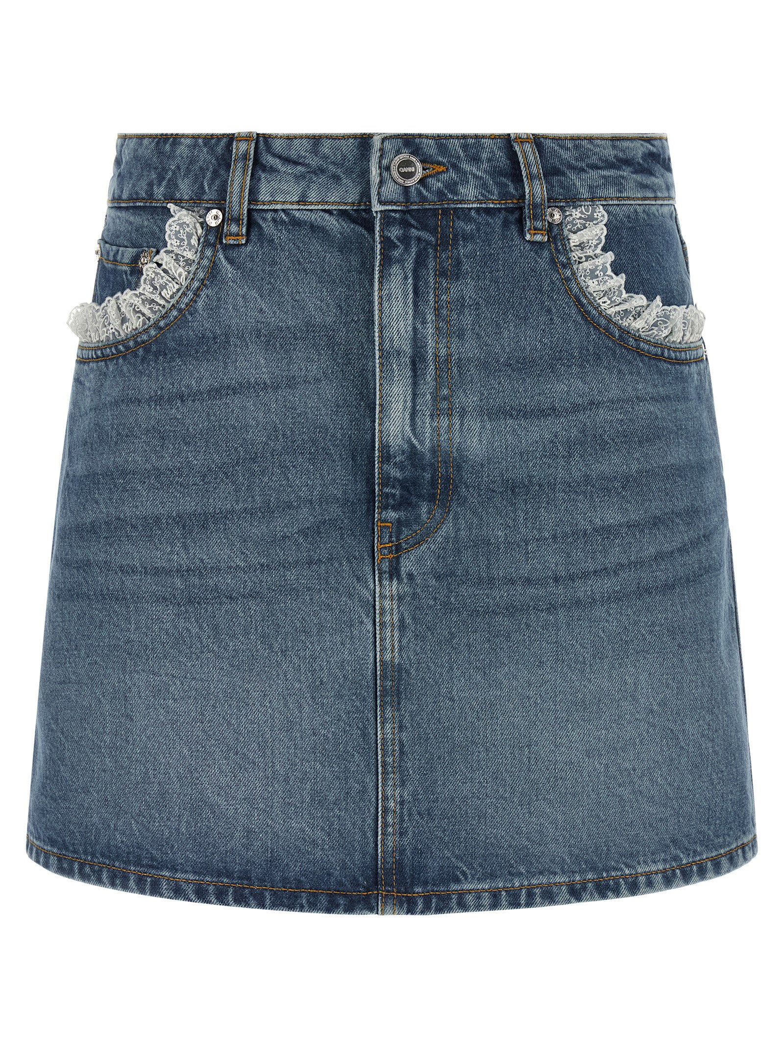 Ganni Ganni Denim And Lace Skirt