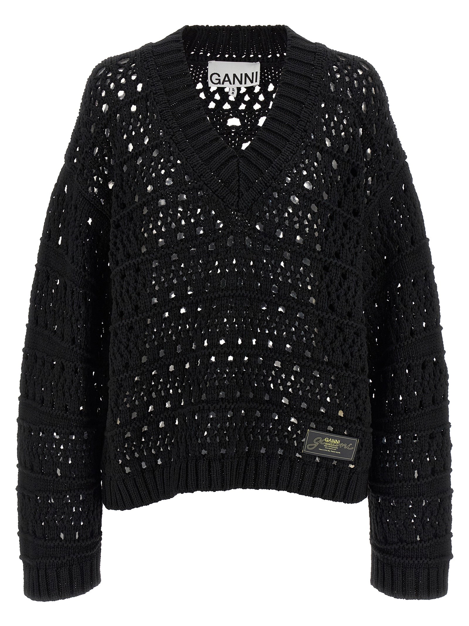 Ganni Ganni Black Crochet V-neck Sweater