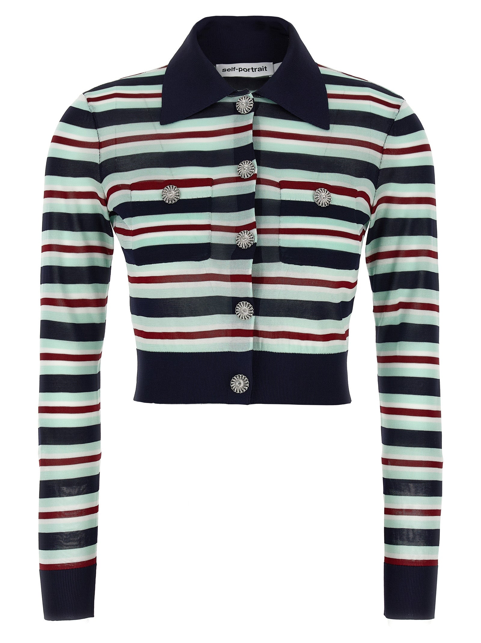 Self-Portrait Self-Portrait Self Portrait Navy Striped Viscose Knit Cardigan