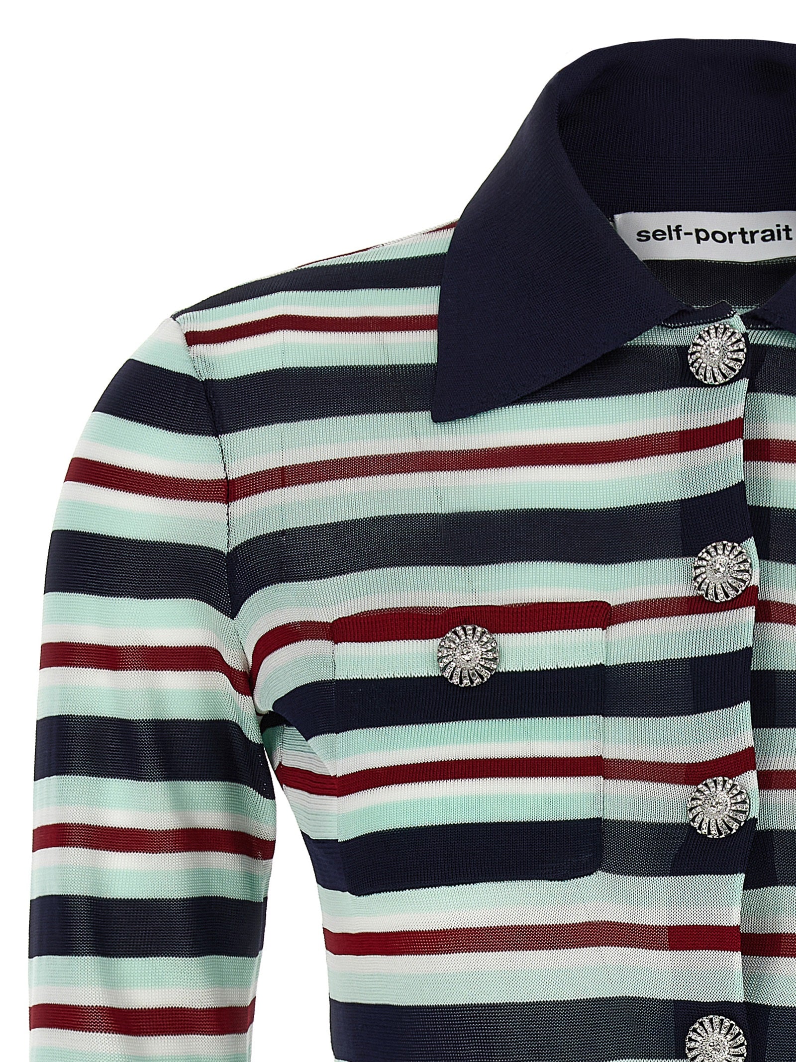 Self-Portrait Self-Portrait Self Portrait Navy Striped Viscose Knit Cardigan