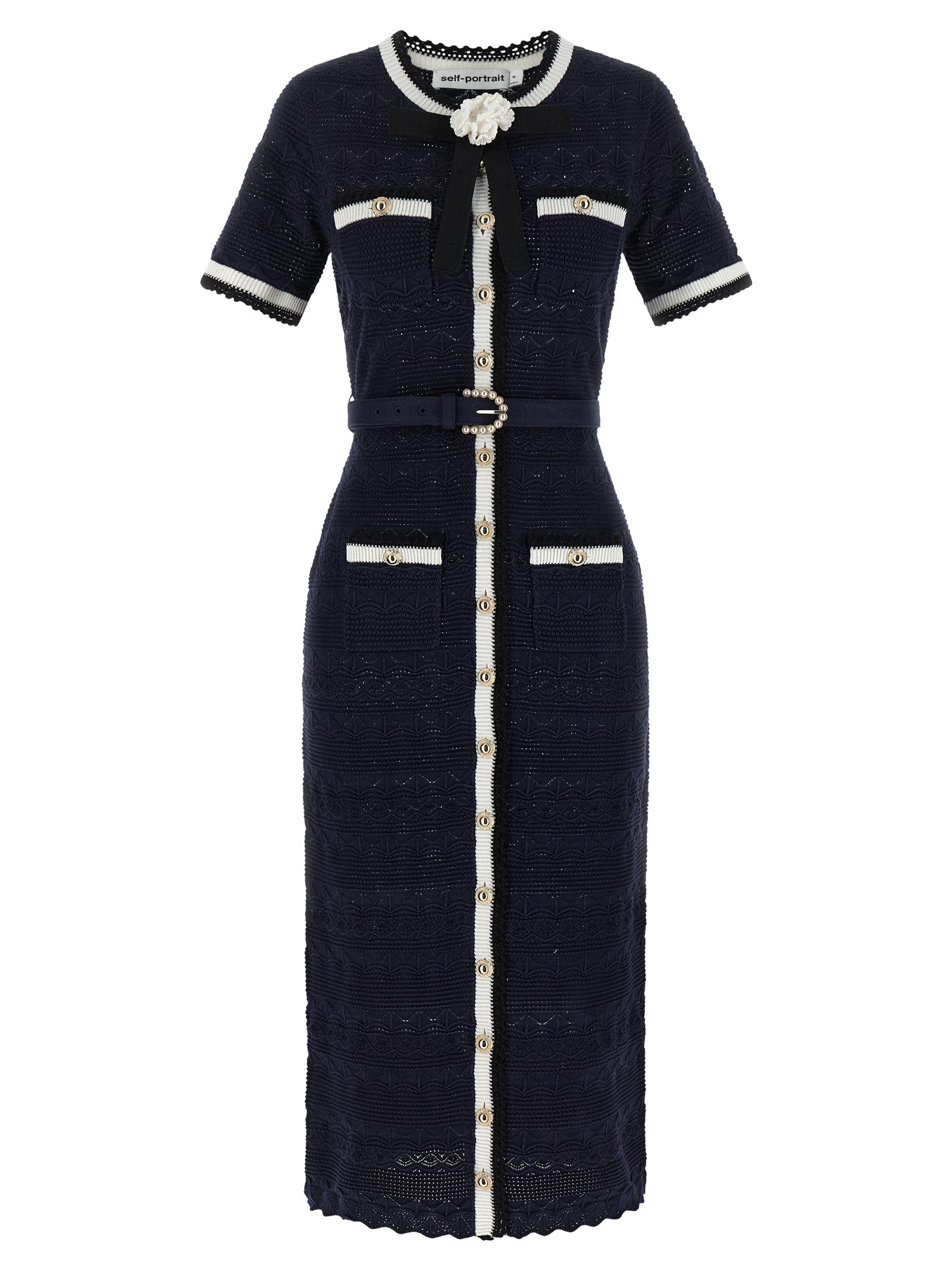 Self-Portrait Self-Portrait Navy Pointelle Knit Midi Dress