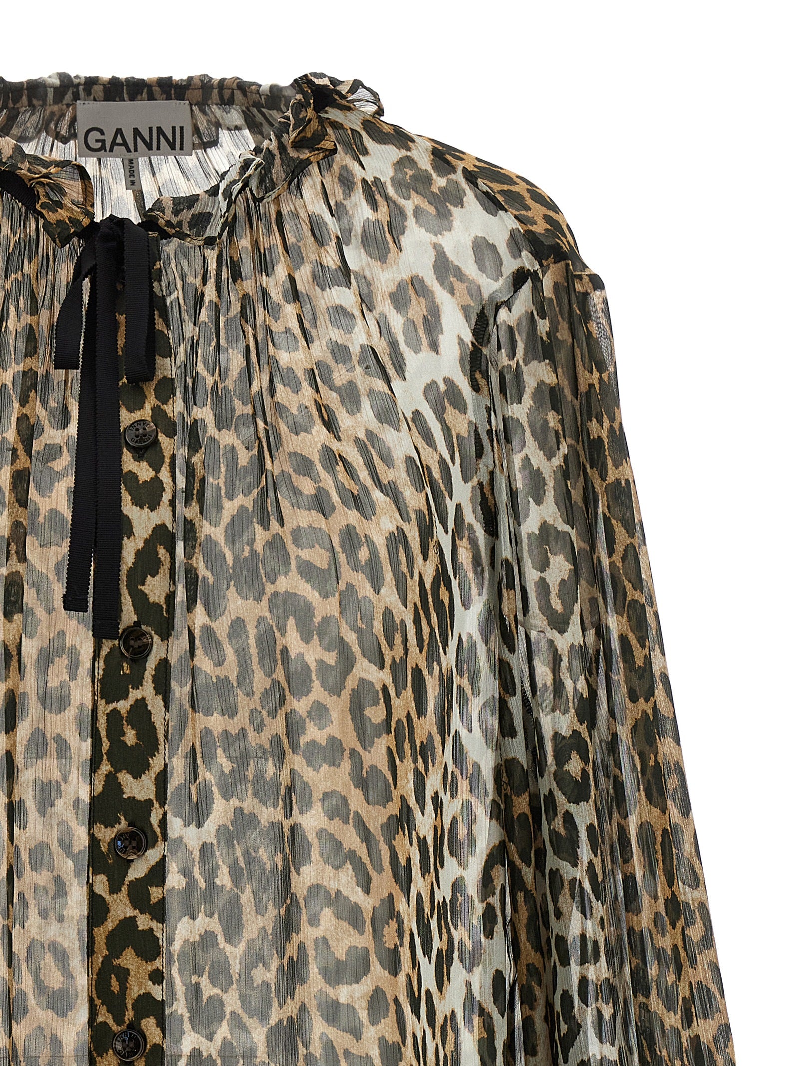 Ganni Ganni Leopard Print Chiffon Tie String Shirt
